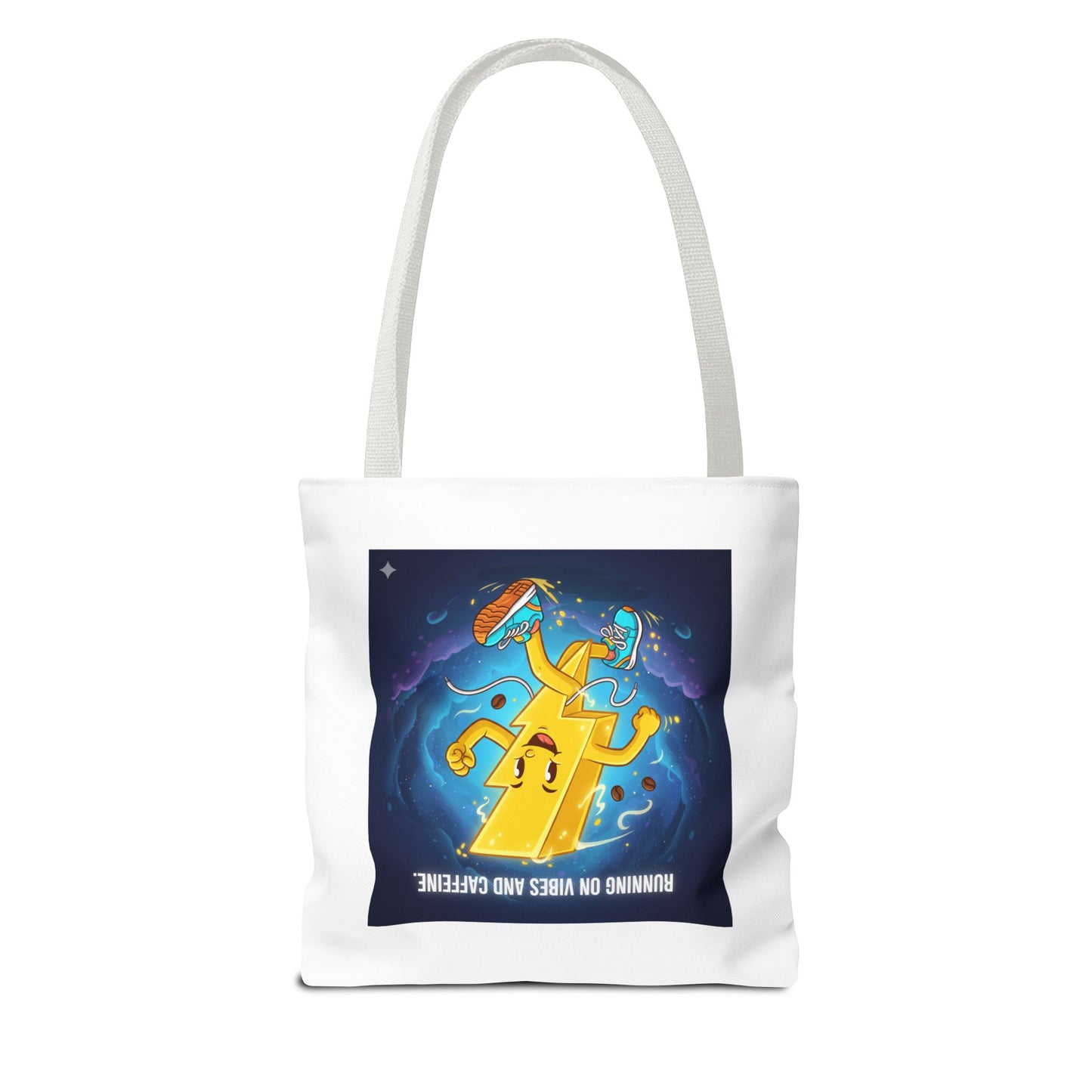 Running on Vibes Tote Bag | Colorful Fun Bag, Eco-Friendly Shopper, Gift for Coffee Lovers, Reusable Daily Tote, Vibrant Cartoon Design