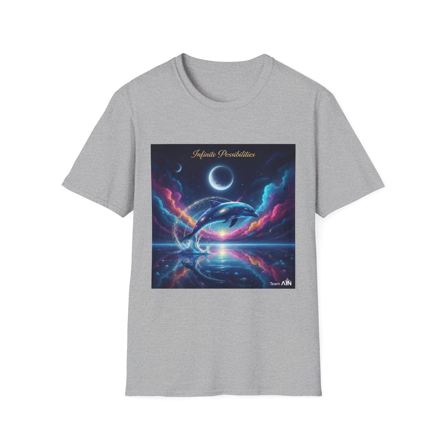 Cosmic Dolphin Art T-Shirt - Unisex Softstyle Tee for Dreamers, Gift for Ocean Lovers, Summer Vibes, Unique Artwork Clothing