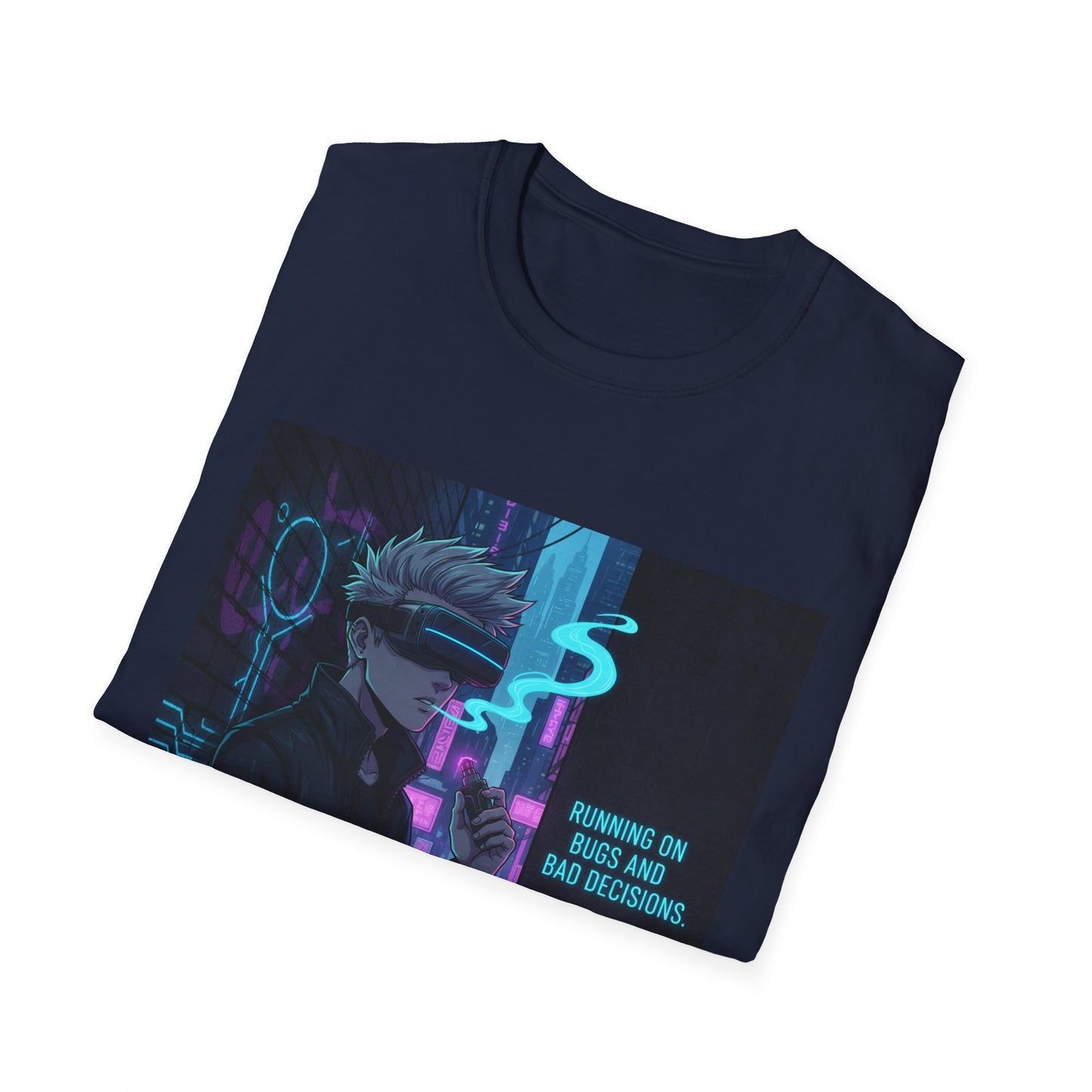 Cyberpunk Vaporwave T-Shirt – “Running on Bugs and Bad Decisions” | Futuristic Hacker Streetwear