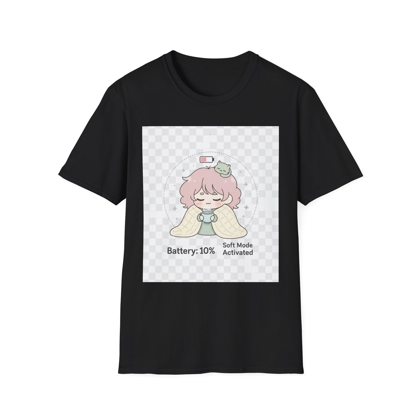 Kawaii Cozy T-Shirt – ‘Battery 10% Soft Mode’ | Neurospicy Self-Care Tee, Low Energy Day Anime Shirt