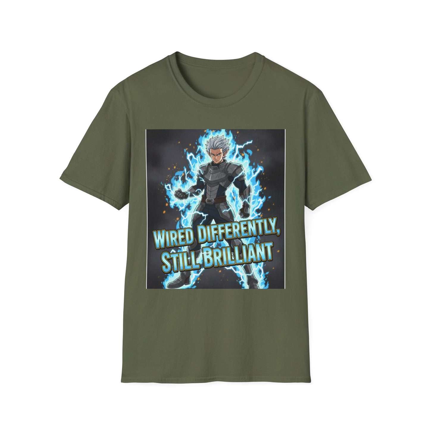 Anime-inspired lightning warrior design with "Wired Differently, Still Brilliant" motto representing ADHD/Autism pride printed on an olive green unisex tee.
