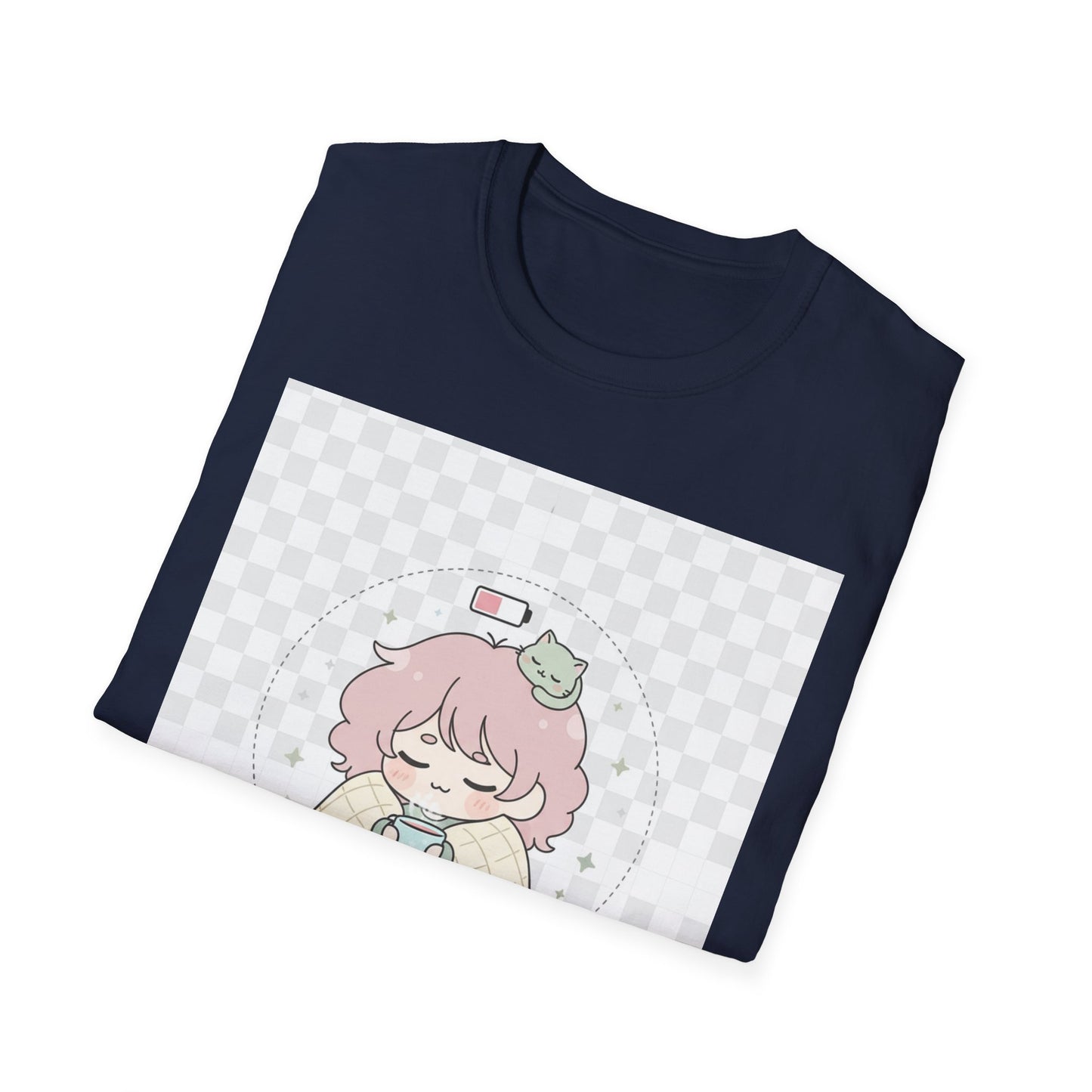 Kawaii Cozy T-Shirt – ‘Battery 10% Soft Mode’ | Neurospicy Self-Care Tee, Low Energy Day Anime Shirt