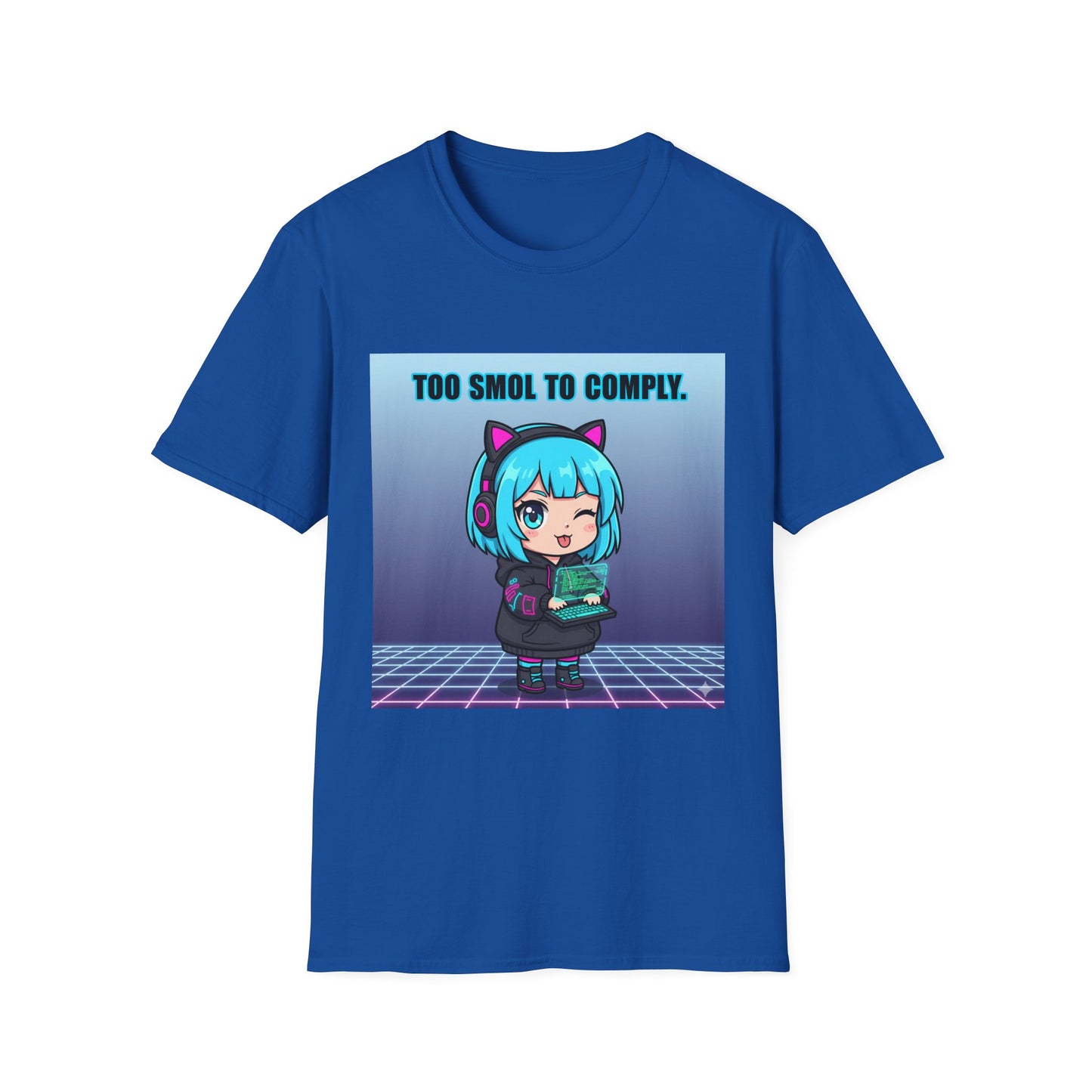 Chibi Hacker T-Shirt – “Too Smol to Comply” | Cute Cyberpunk Gamer Graphic Tee