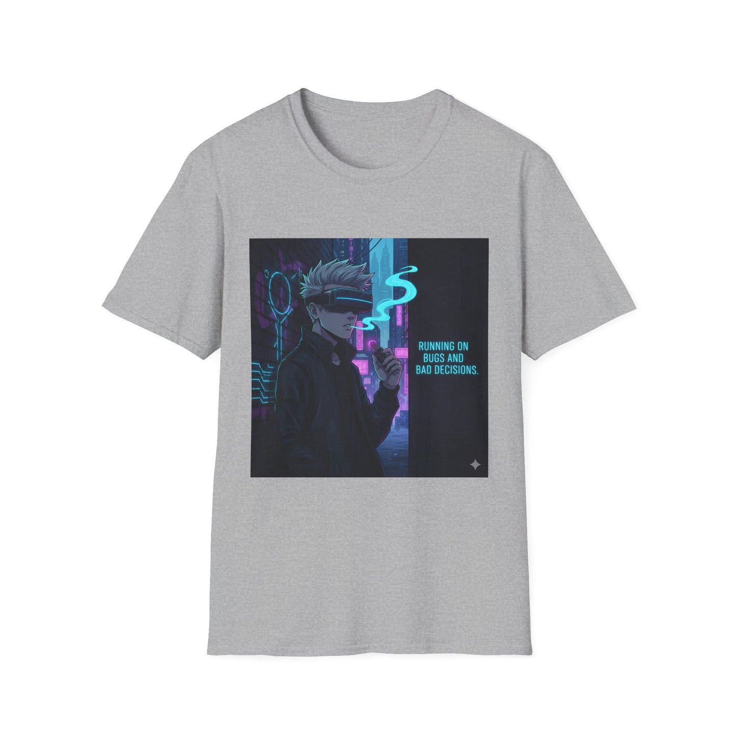 Cyberpunk Vaporwave T-Shirt – “Running on Bugs and Bad Decisions” | Futuristic Hacker Streetwear