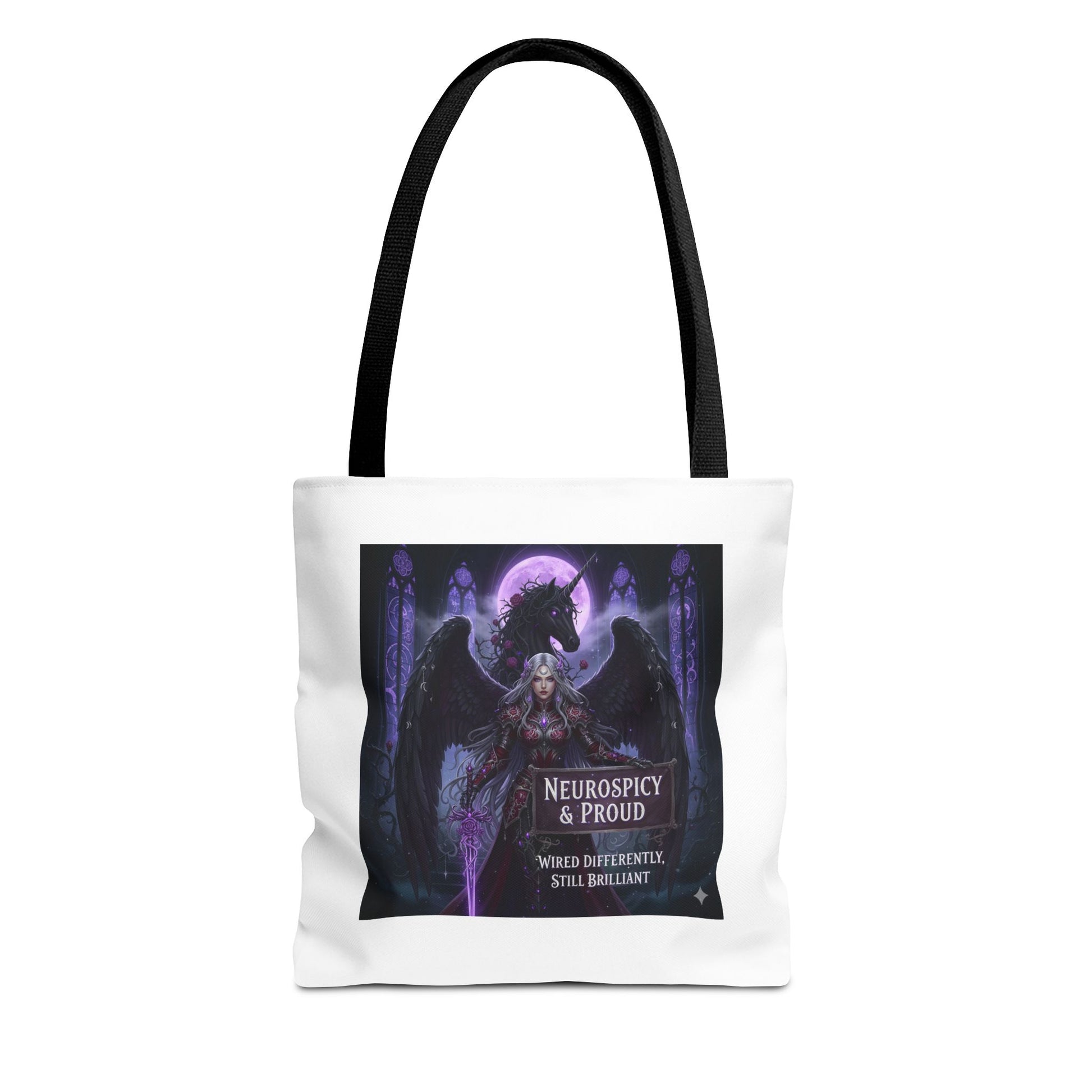 Gothic fantasy tote bag featuring empowering angel artwork on a white background with black straps