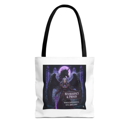 Gothic fantasy tote bag featuring empowering angel artwork on a white background with black straps
