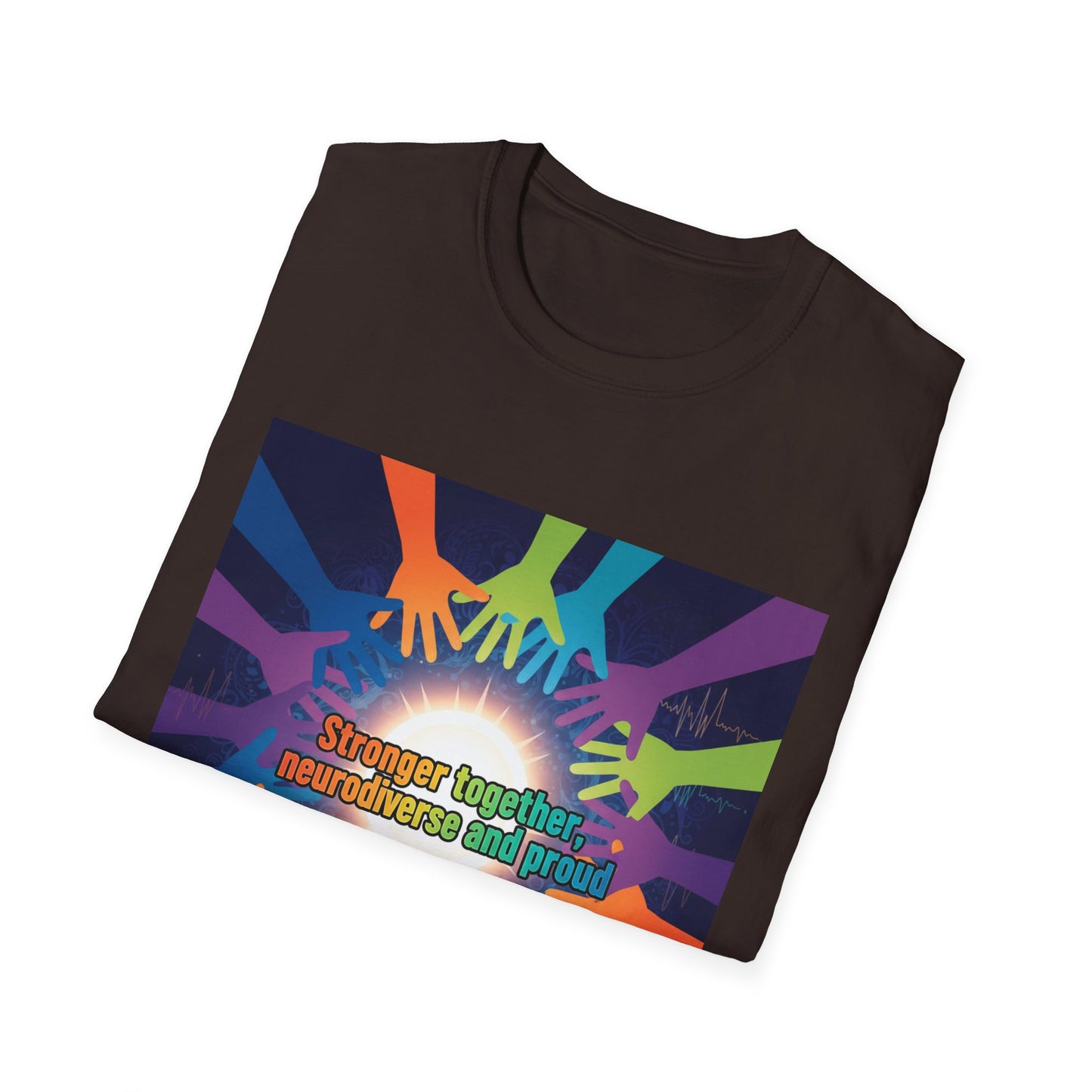 "Stronger Together, Neurodiverse and Proud" Unity T-Shirt – Colorful Hands Design on White Tee