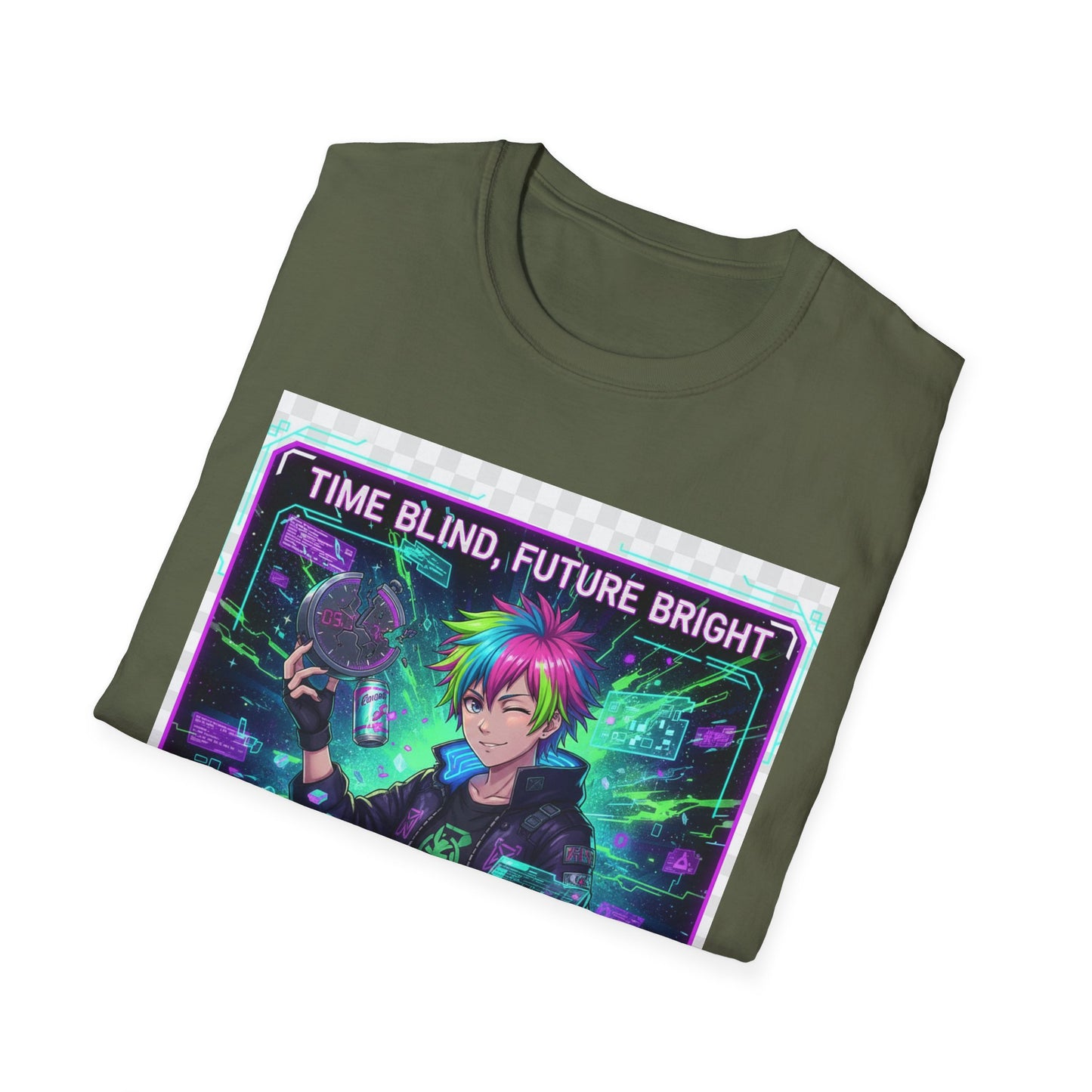 Cyberpunk Anime T-Shirt – ‘Time Blind Future Bright’ | Neurospicy Gamer Humor Tee, ADHD Pride Otaku Streetwear