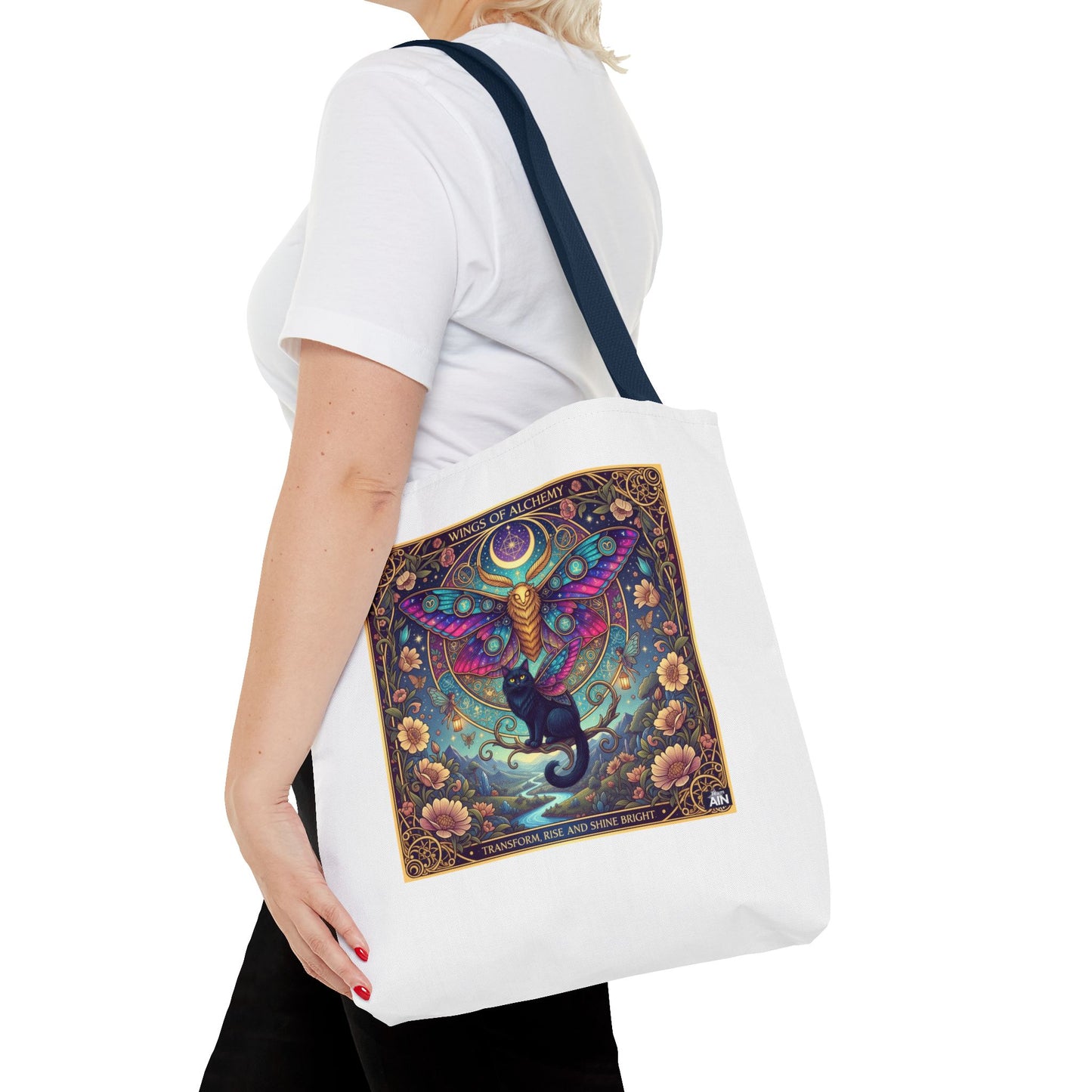 Mystical Cat Tote Bag | Boho Butterfly Design | Eco-friendly Bag | Gift for Nature Lovers | Stylish Shopping & Gym Bag