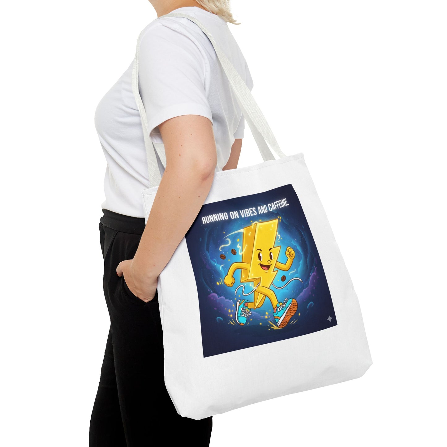 Running on Vibes Tote Bag | Colorful Fun Bag, Eco-Friendly Shopper, Gift for Coffee Lovers, Reusable Daily Tote, Vibrant Cartoon Design
