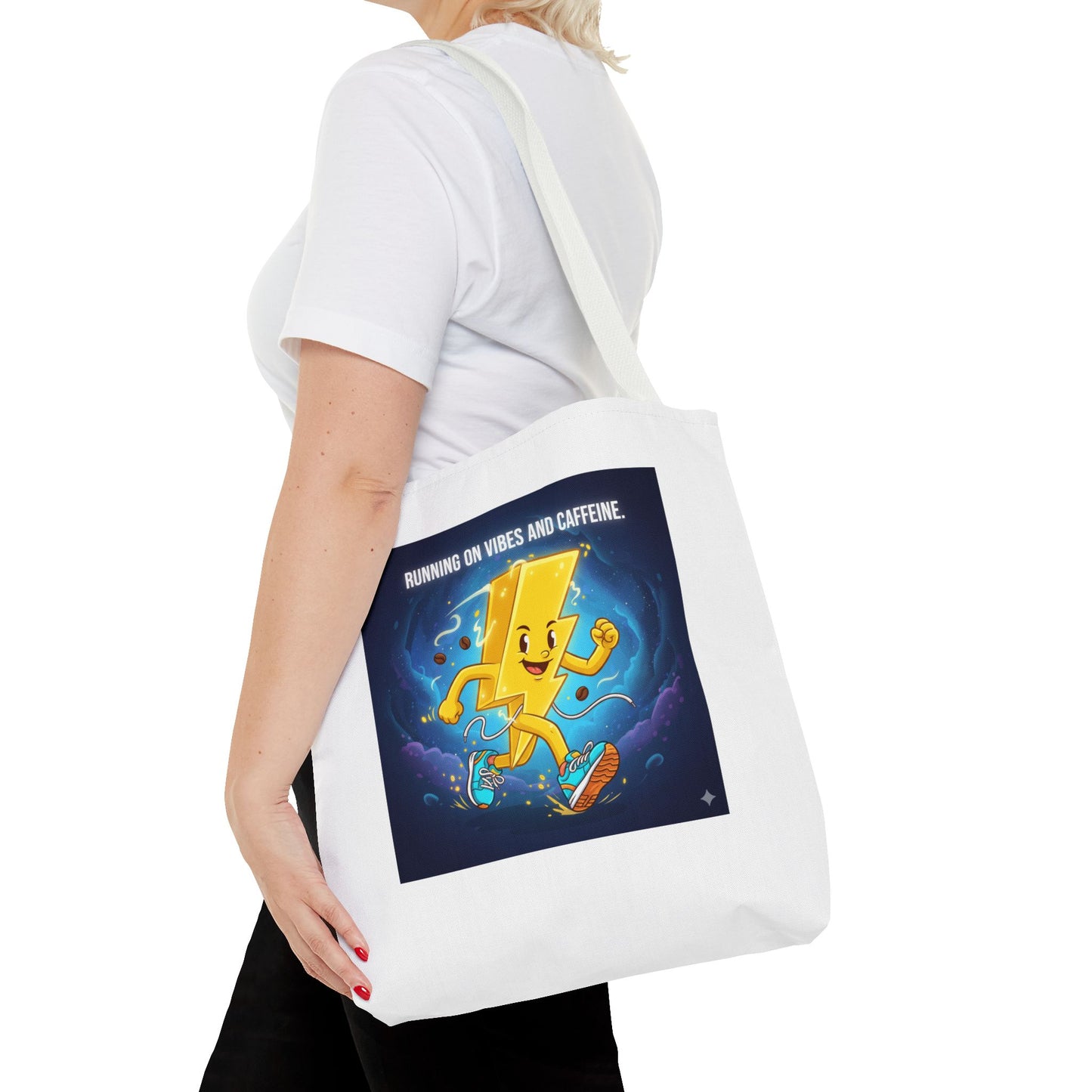 Running on Vibes Tote Bag | Colorful Fun Bag, Eco-Friendly Shopper, Gift for Coffee Lovers, Reusable Daily Tote, Vibrant Cartoon Design