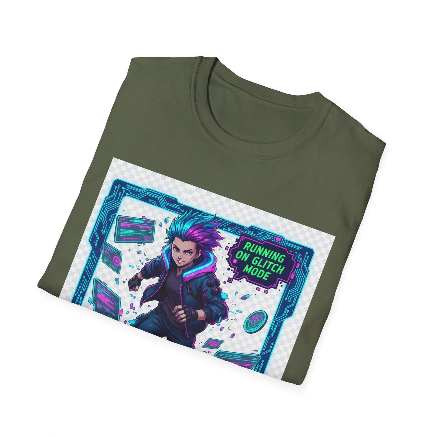 Cyberpunk Anime T-Shirt – ‘Running on Glitch Mode’ | Gamer Humor Tee, Neurospicy Pride Shirt, Otaku Streetwear Top