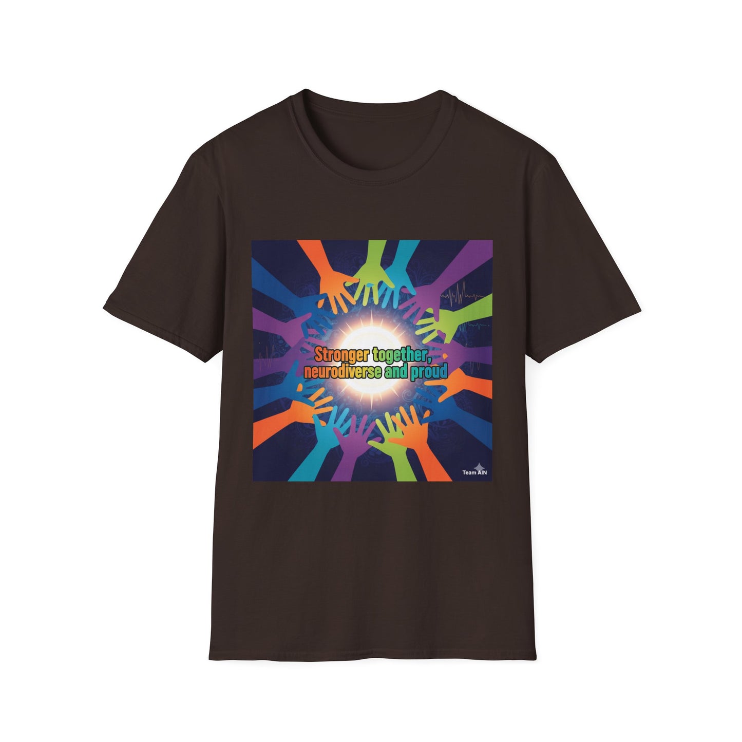 "Stronger Together, Neurodiverse and Proud" Unity T-Shirt – Colorful Hands Design on White Tee