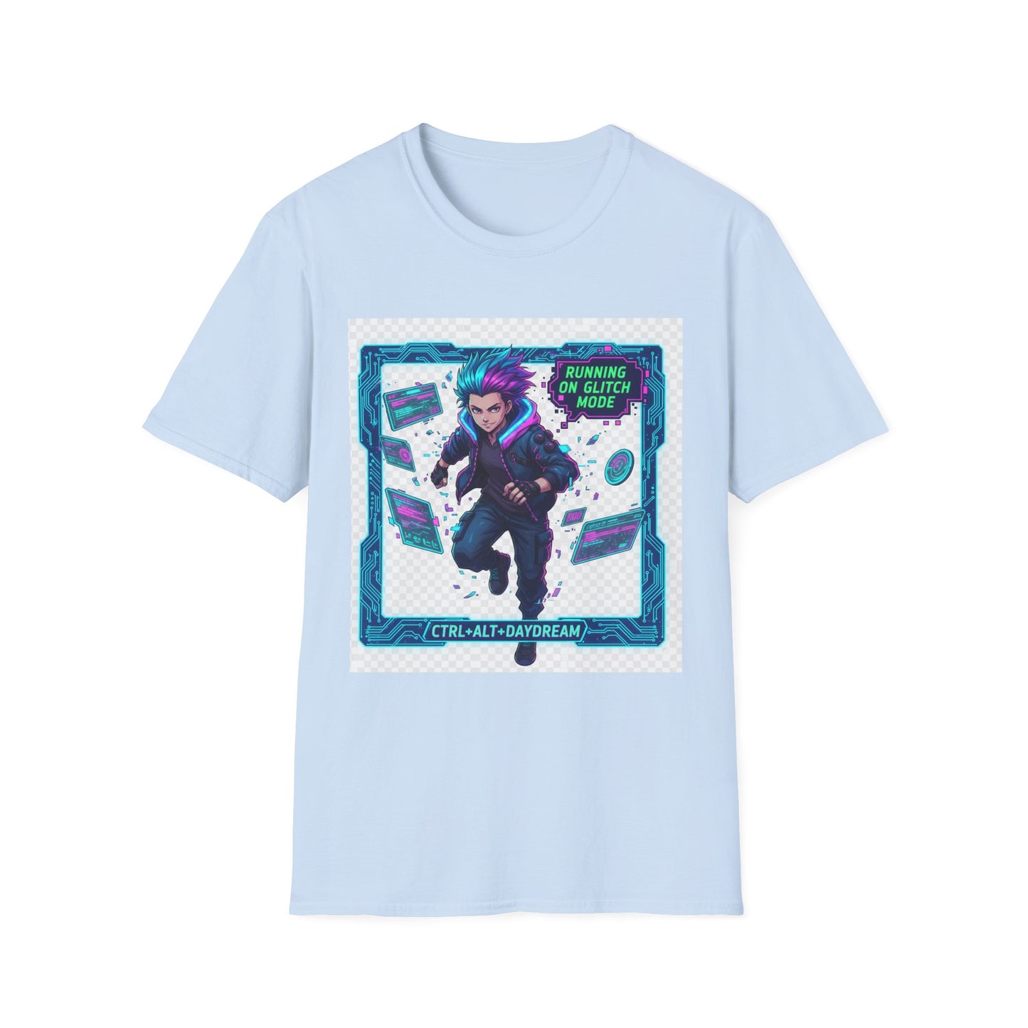 Cyberpunk Anime T-Shirt – ‘Running on Glitch Mode’ | Gamer Humor Tee, Neurospicy Pride Shirt, Otaku Streetwear Top