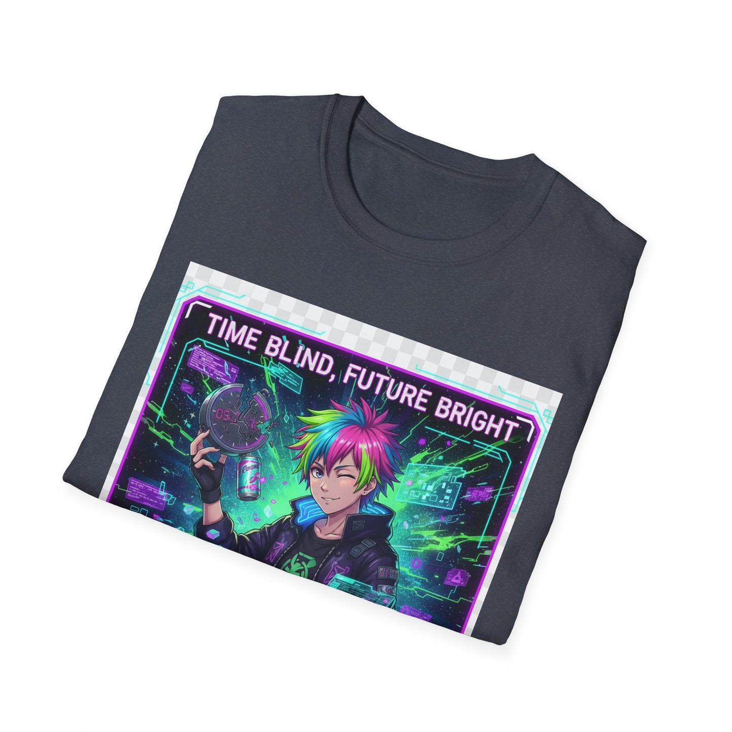 Cyberpunk Anime T-Shirt – ‘Time Blind Future Bright’ | Neurospicy Gamer Humor Tee, ADHD Pride Otaku Streetwear