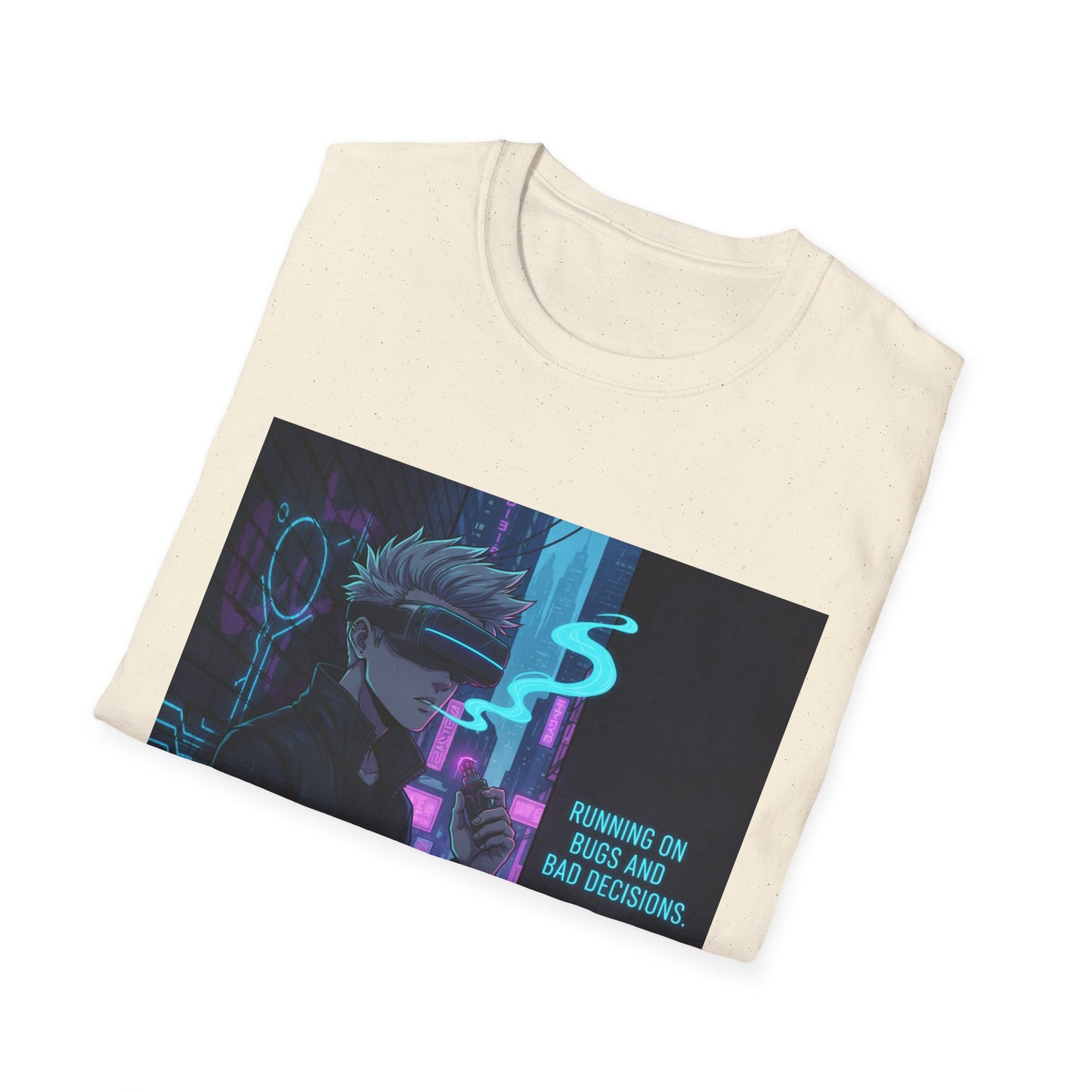 Cyberpunk Vaporwave T-Shirt – “Running on Bugs and Bad Decisions” | Futuristic Hacker Streetwear