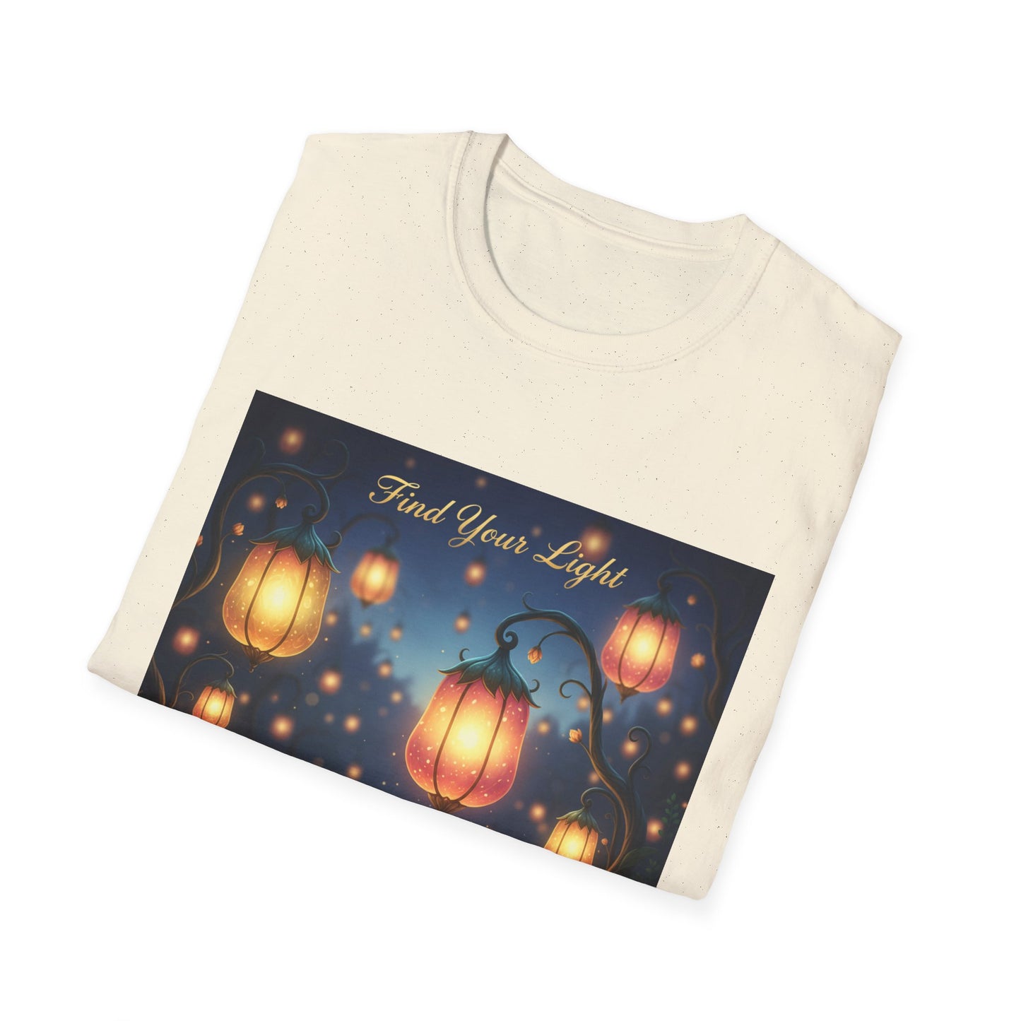 Enchanting 'Find Your Light' Unisex Softstyle T-Shirt, Inspirational Tee, Nature Lover Gift, Cozy Casual Wear, Lantern Art Shirt