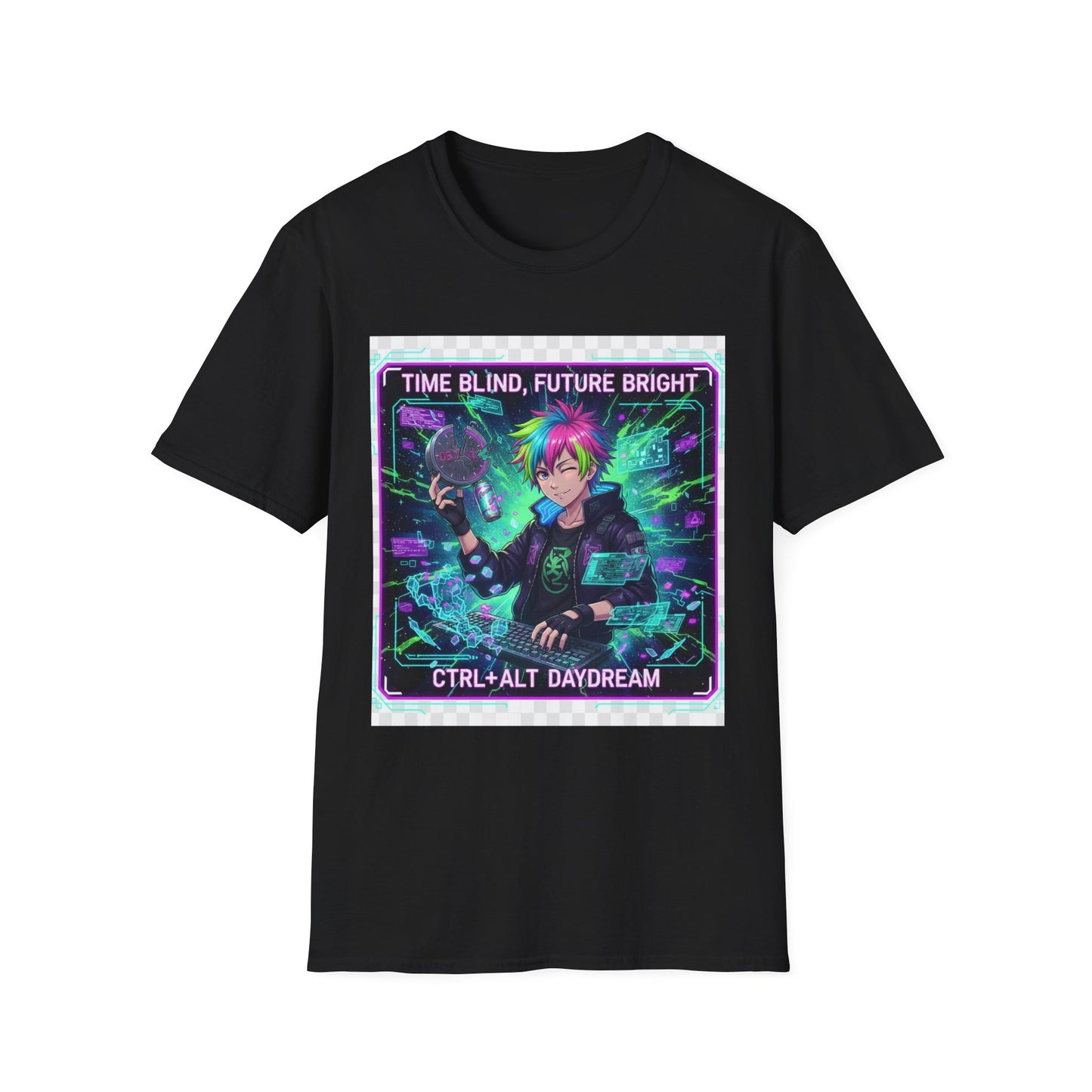 Cyberpunk Anime T-Shirt – ‘Time Blind Future Bright’ | Neurospicy Gamer Humor Tee, ADHD Pride Otaku Streetwear