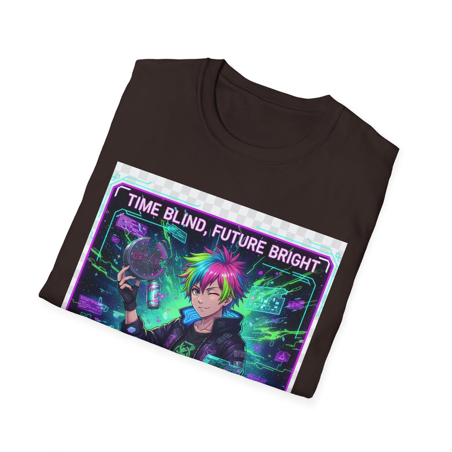 Cyberpunk Anime T-Shirt – ‘Time Blind Future Bright’ | Neurospicy Gamer Humor Tee, ADHD Pride Otaku Streetwear