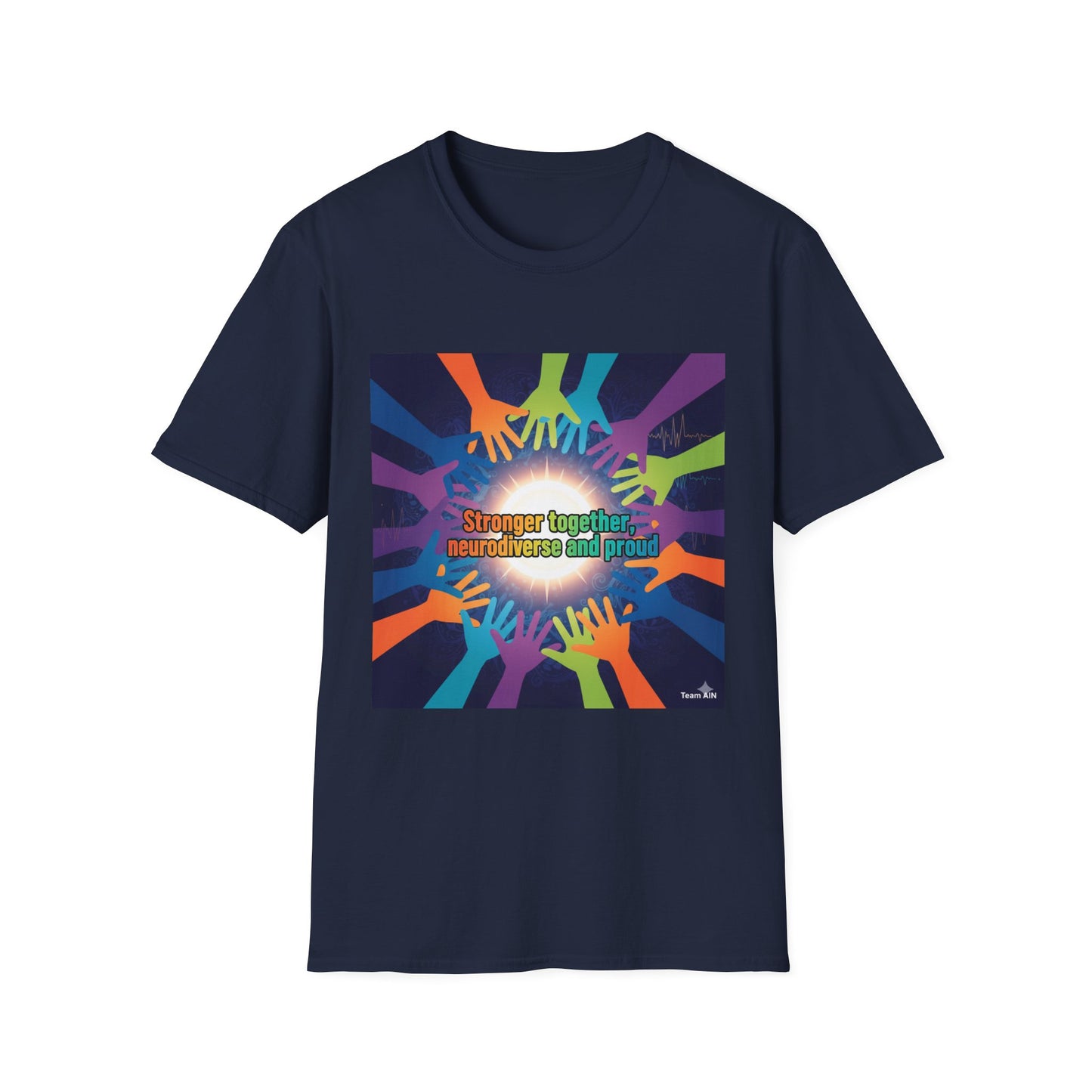 "Stronger Together, Neurodiverse and Proud" Unity T-Shirt – Colorful Hands Design on White Tee