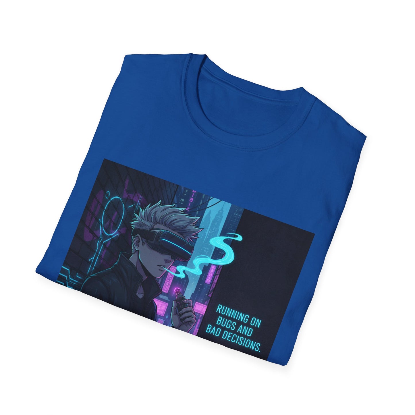 Cyberpunk Vaporwave T-Shirt – “Running on Bugs and Bad Decisions” | Futuristic Hacker Streetwear
