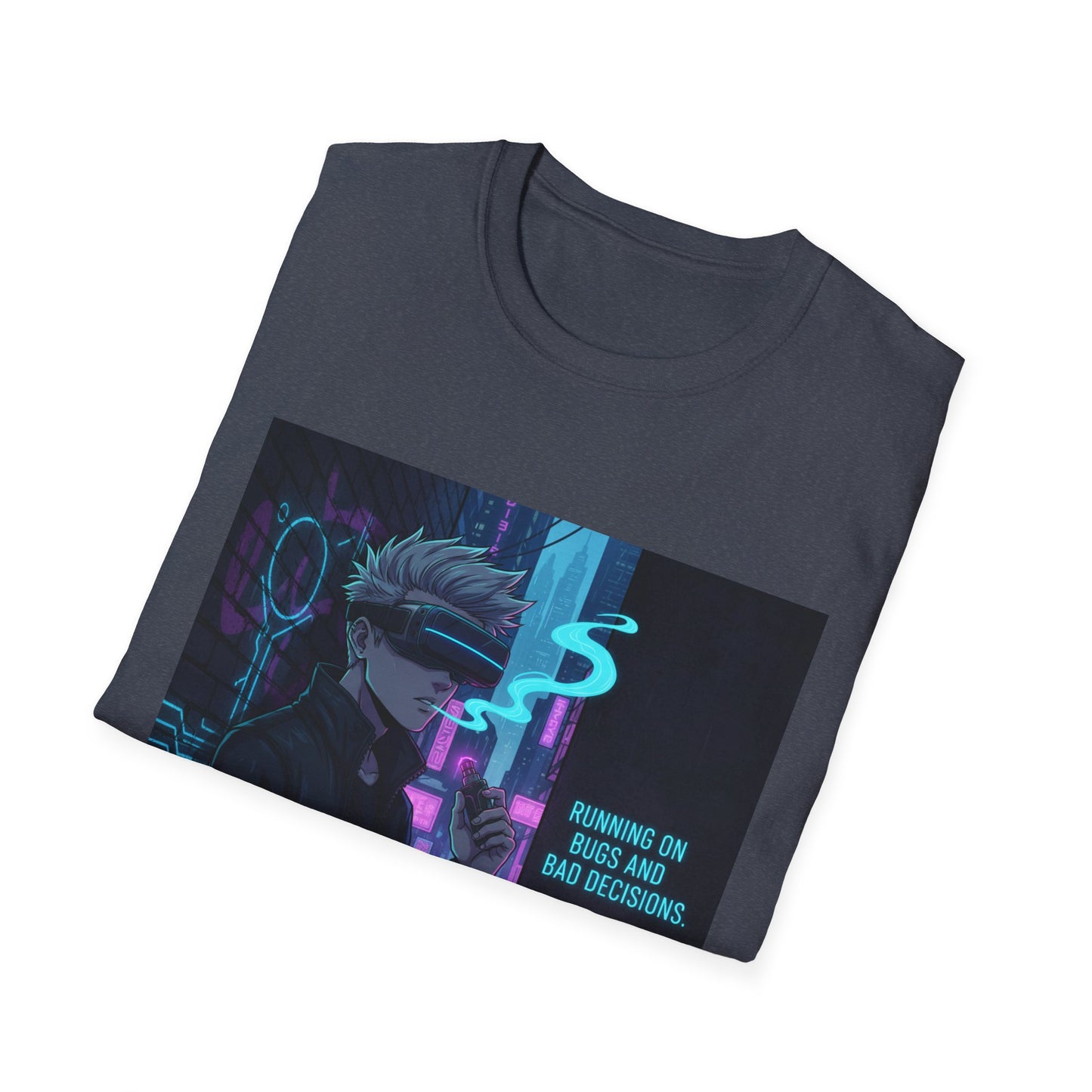 Cyberpunk Vaporwave T-Shirt – “Running on Bugs and Bad Decisions” | Futuristic Hacker Streetwear