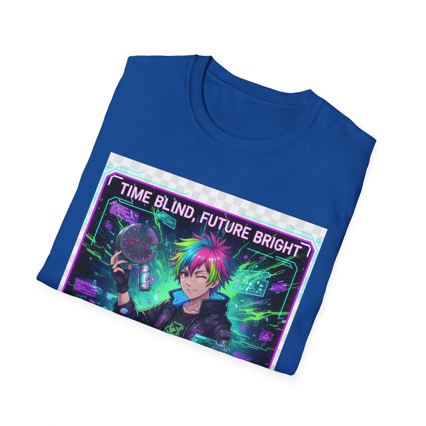 Cyberpunk Anime T-Shirt – ‘Time Blind Future Bright’ | Neurospicy Gamer Humor Tee, ADHD Pride Otaku Streetwear