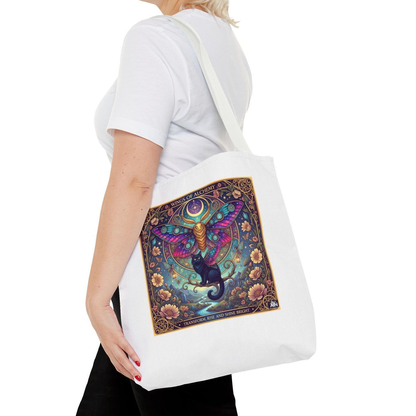 Mystical Cat Tote Bag | Boho Butterfly Design | Eco-friendly Bag | Gift for Nature Lovers | Stylish Shopping & Gym Bag