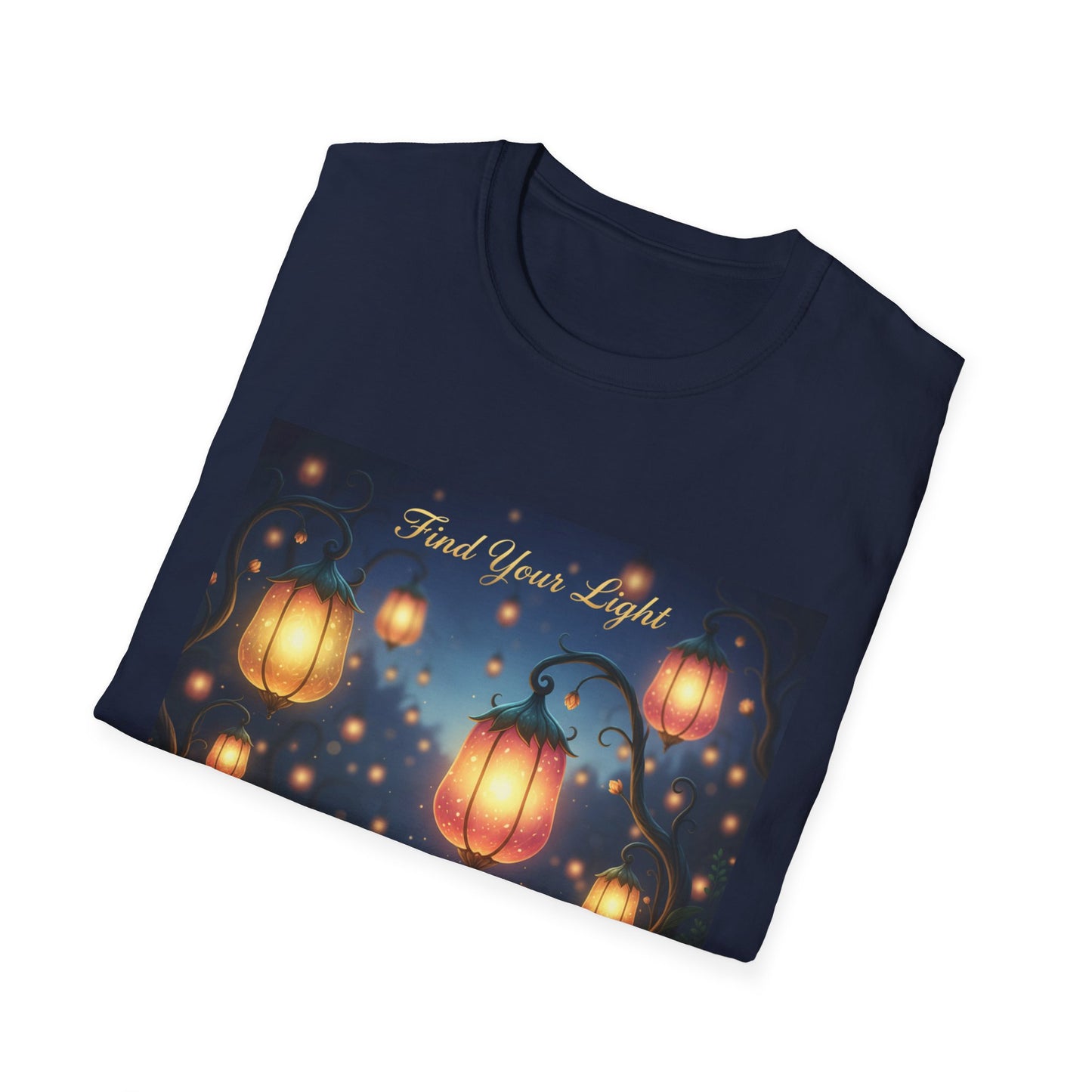 Enchanting 'Find Your Light' Unisex Softstyle T-Shirt, Inspirational Tee, Nature Lover Gift, Cozy Casual Wear, Lantern Art Shirt