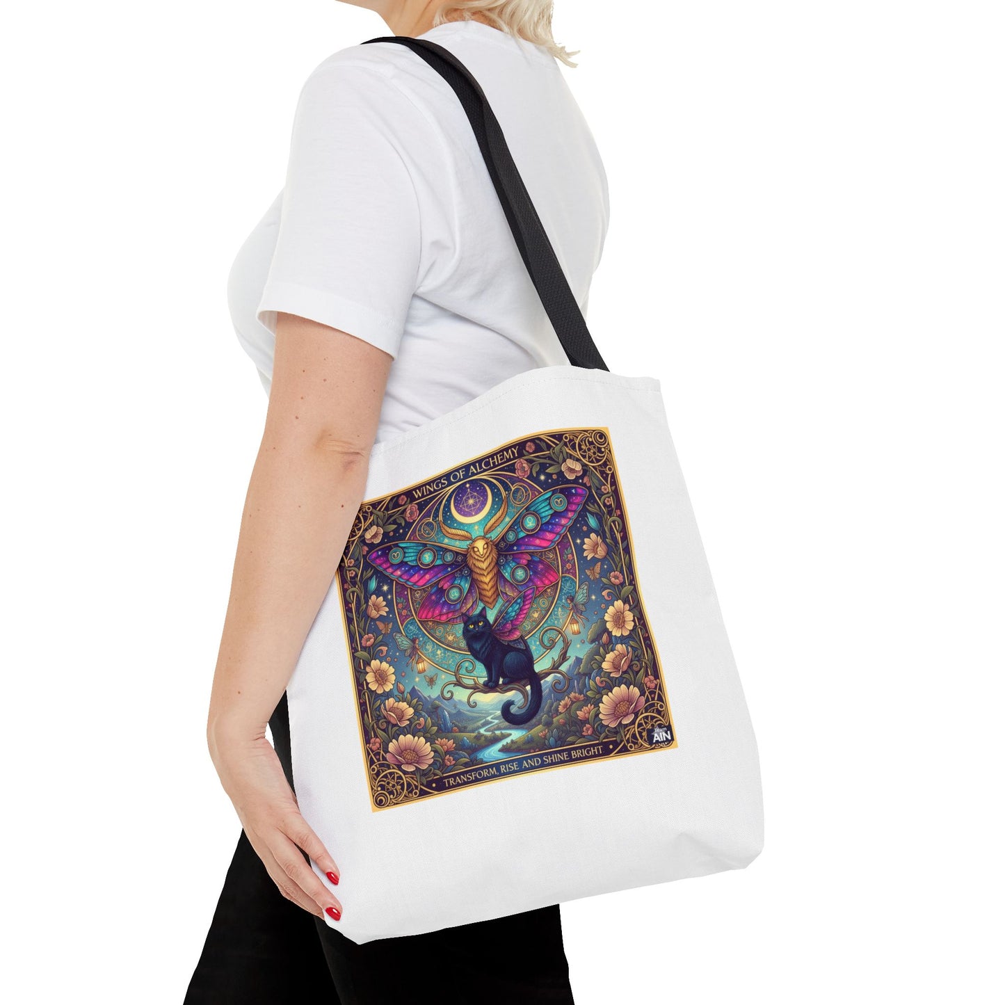 Mystical Cat Tote Bag | Boho Butterfly Design | Eco-friendly Bag | Gift for Nature Lovers | Stylish Shopping & Gym Bag