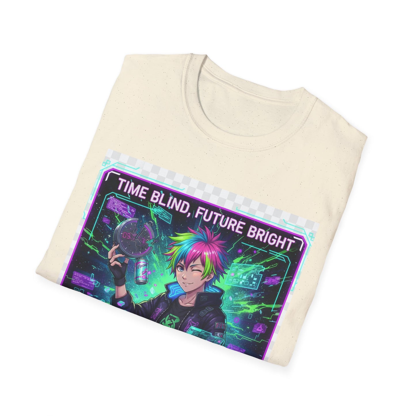 Cyberpunk Anime T-Shirt – ‘Time Blind Future Bright’ | Neurospicy Gamer Humor Tee, ADHD Pride Otaku Streetwear