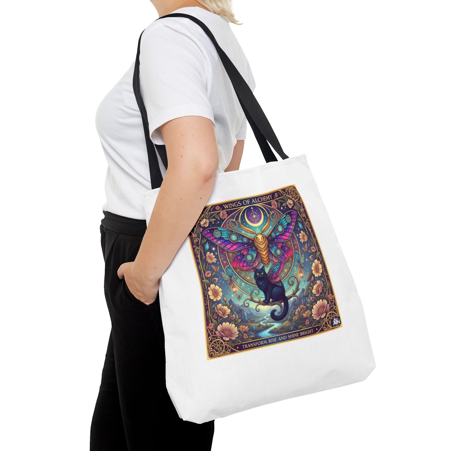 Mystical Cat Tote Bag | Boho Butterfly Design | Eco-friendly Bag | Gift for Nature Lovers | Stylish Shopping & Gym Bag