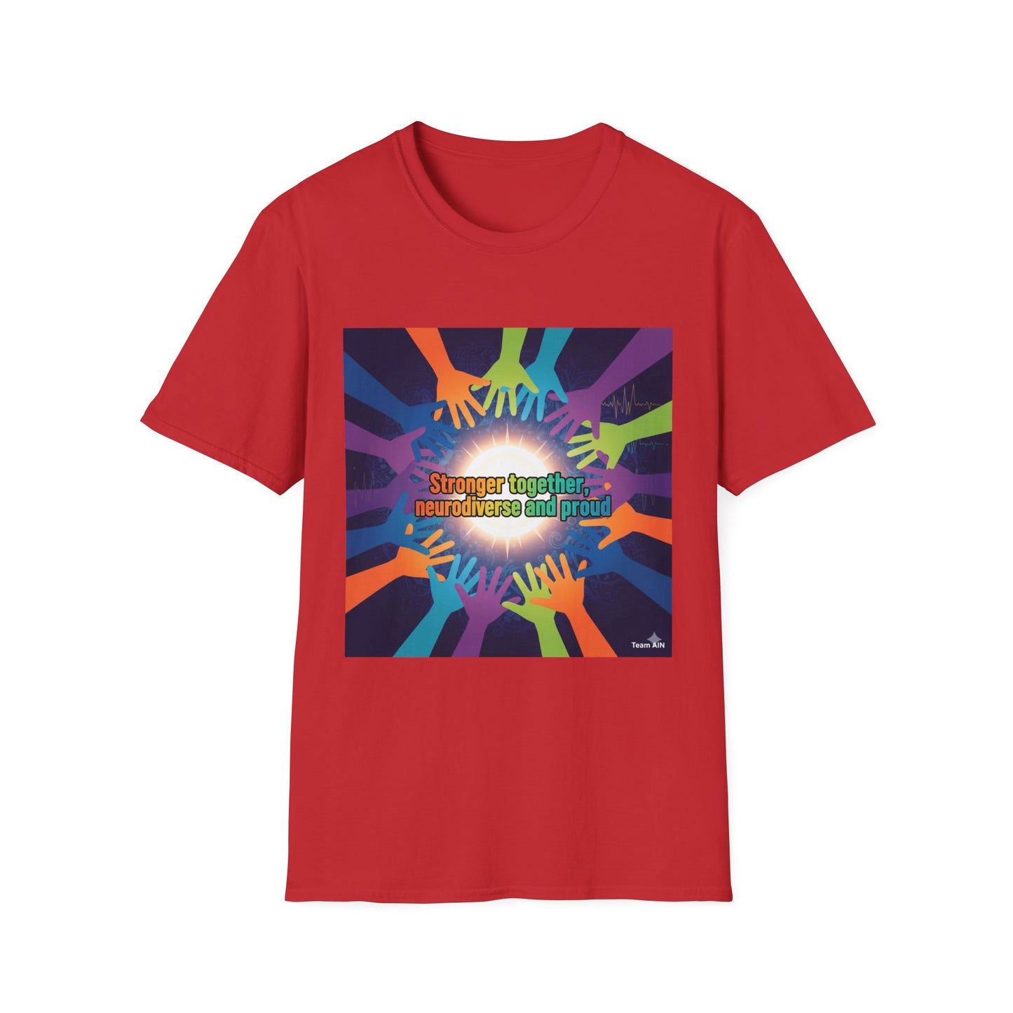 "Stronger Together, Neurodiverse and Proud" Unity T-Shirt – Colorful Hands Design on White Tee