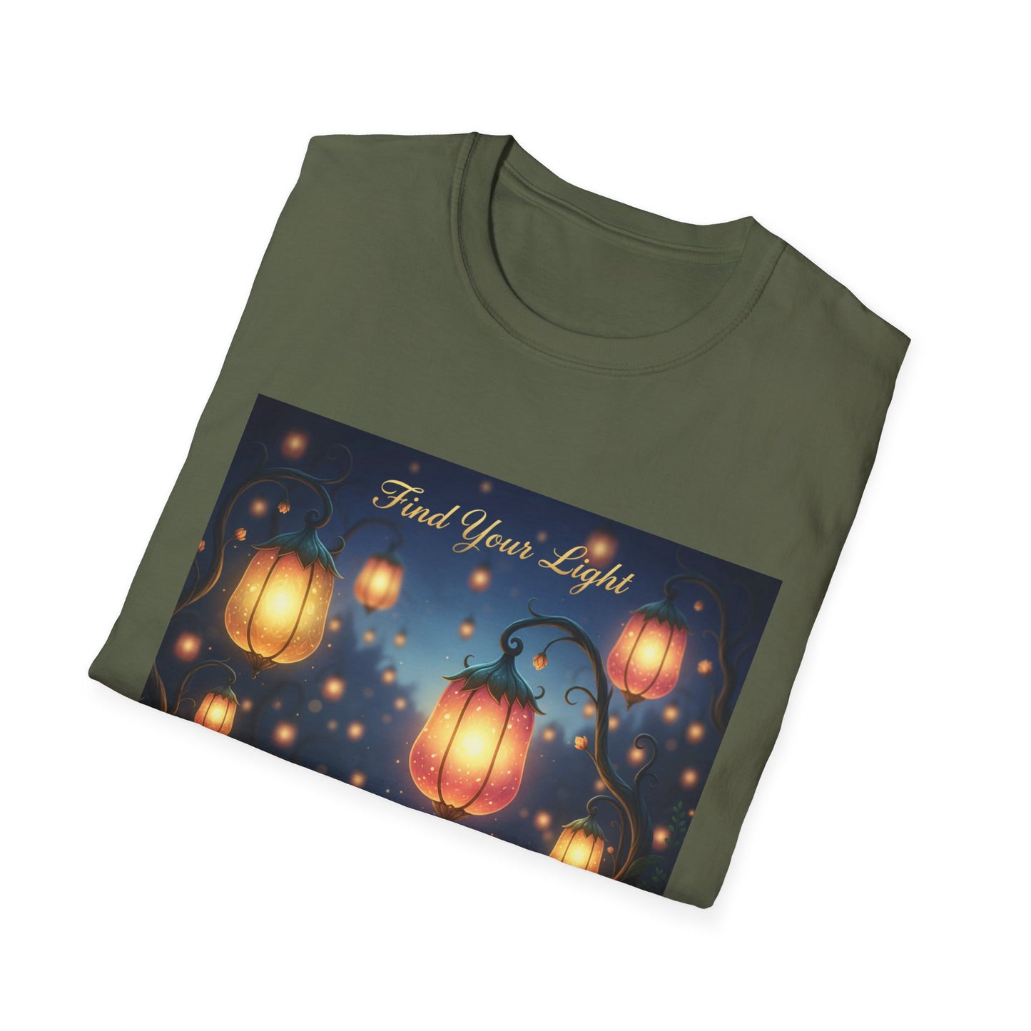 Enchanting 'Find Your Light' Unisex Softstyle T-Shirt, Inspirational Tee, Nature Lover Gift, Cozy Casual Wear, Lantern Art Shirt