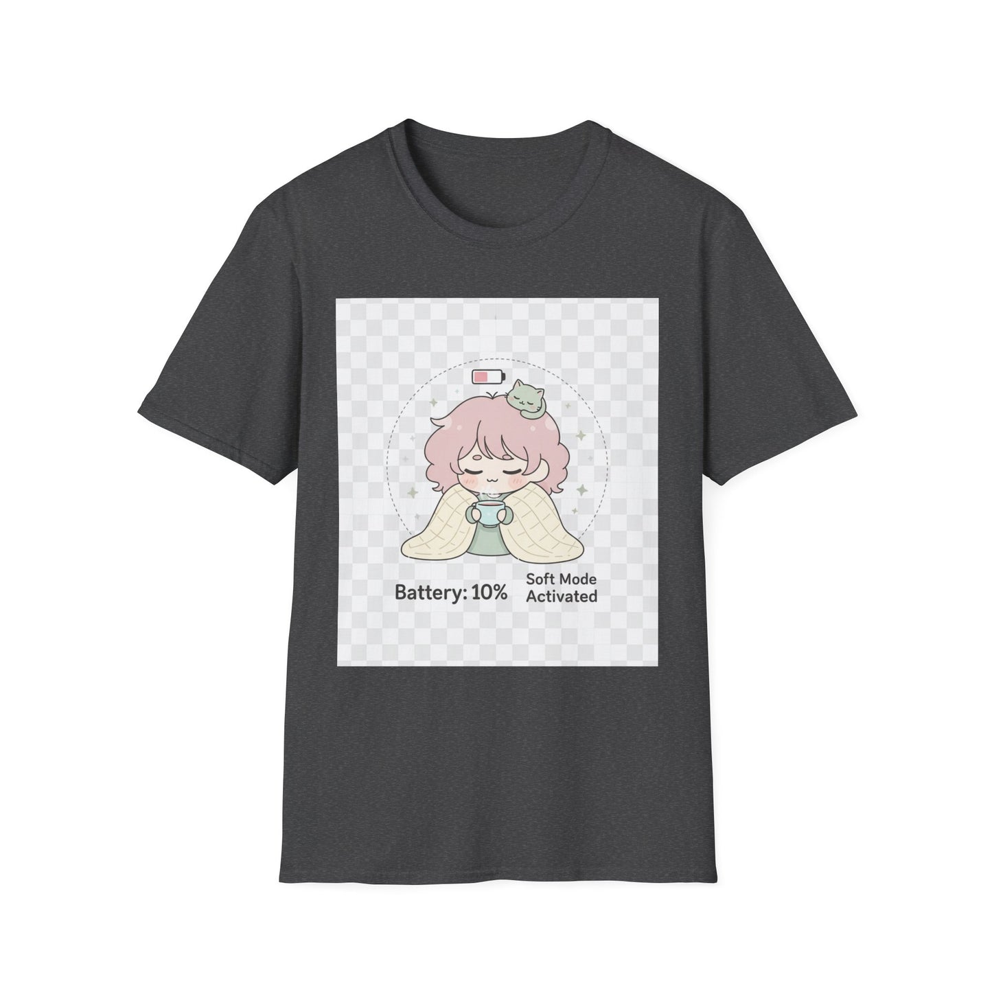 Kawaii Cozy T-Shirt – ‘Battery 10% Soft Mode’ | Neurospicy Self-Care Tee, Low Energy Day Anime Shirt