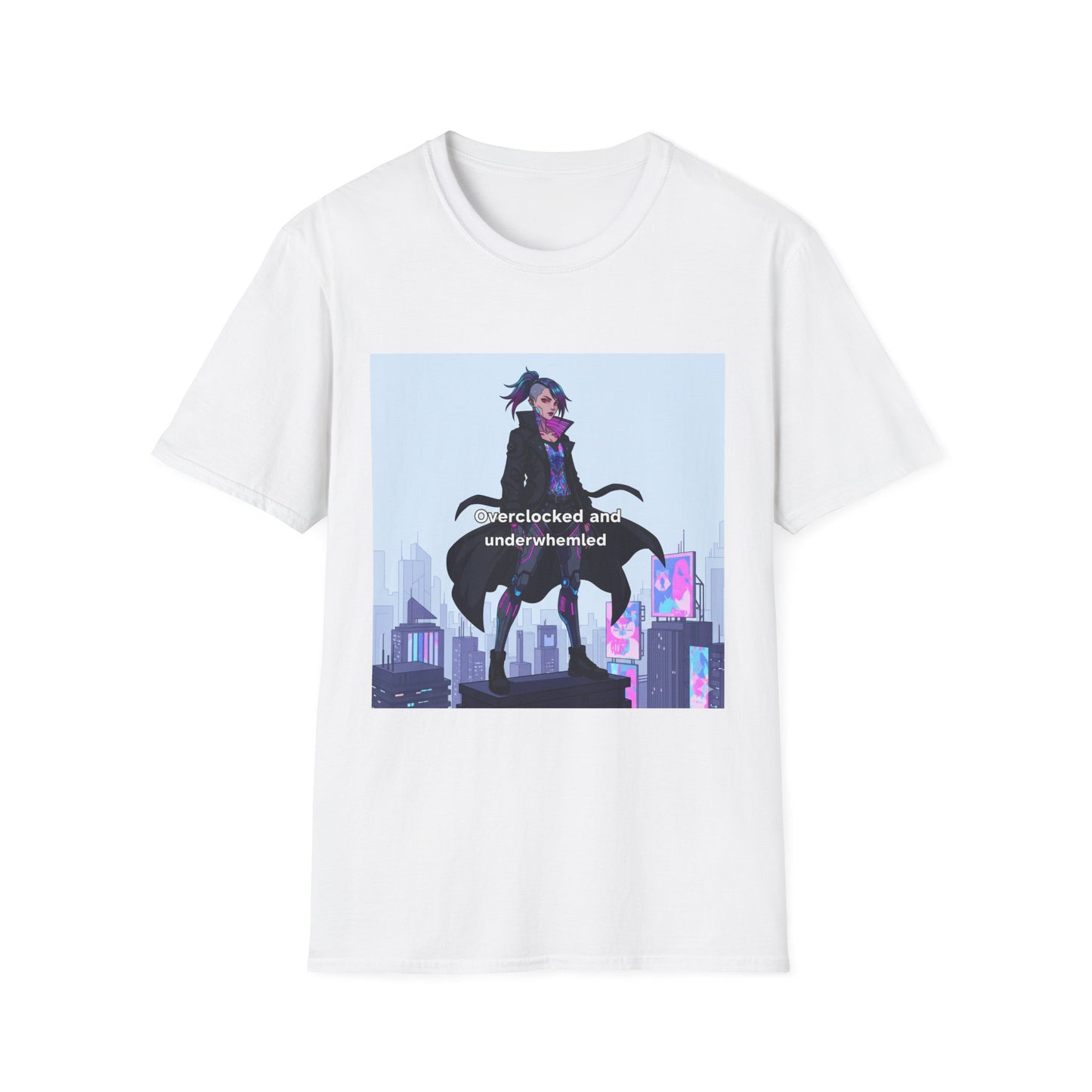 Cyberpunk Hacker T-Shirt – “Overclocked and Underwhelmed” | Futuristic Techwear Graphic Tee