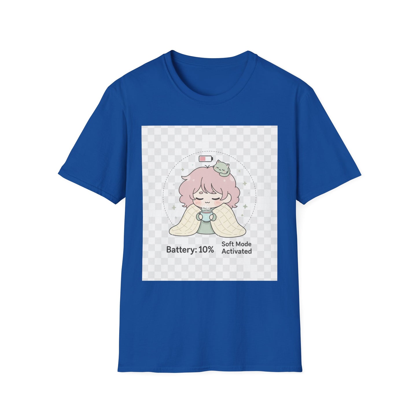 Kawaii Cozy T-Shirt – ‘Battery 10% Soft Mode’ | Neurospicy Self-Care Tee, Low Energy Day Anime Shirt