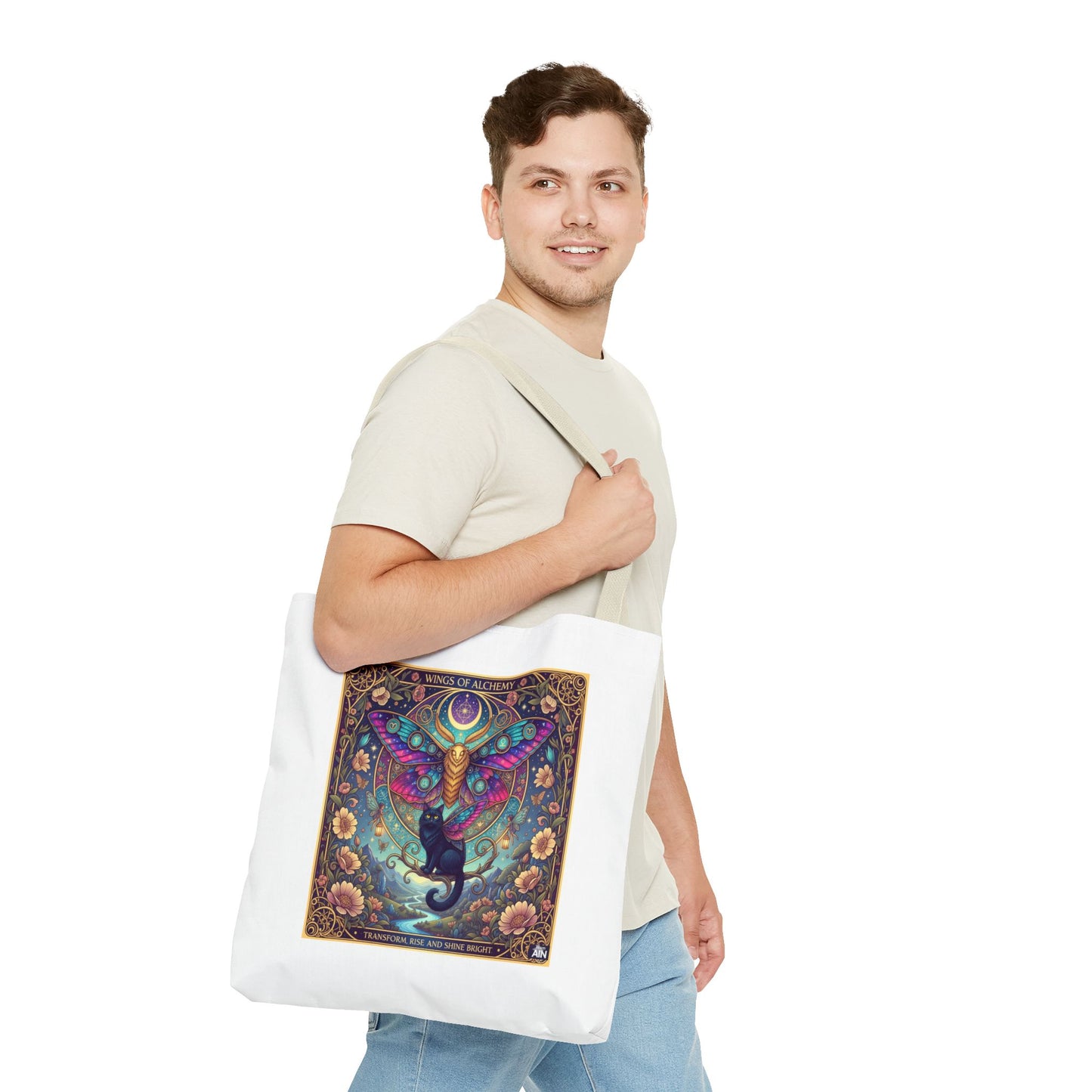 Mystical Cat Tote Bag | Boho Butterfly Design | Eco-friendly Bag | Gift for Nature Lovers | Stylish Shopping & Gym Bag