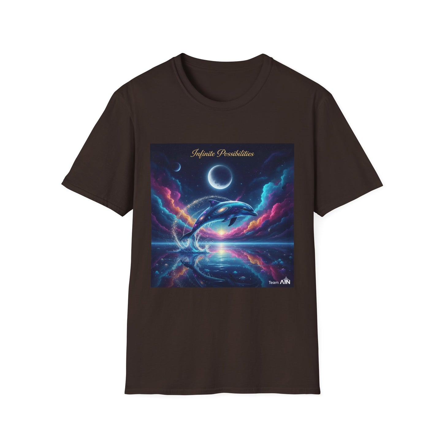 Cosmic Dolphin Art T-Shirt - Unisex Softstyle Tee for Dreamers, Gift for Ocean Lovers, Summer Vibes, Unique Artwork Clothing