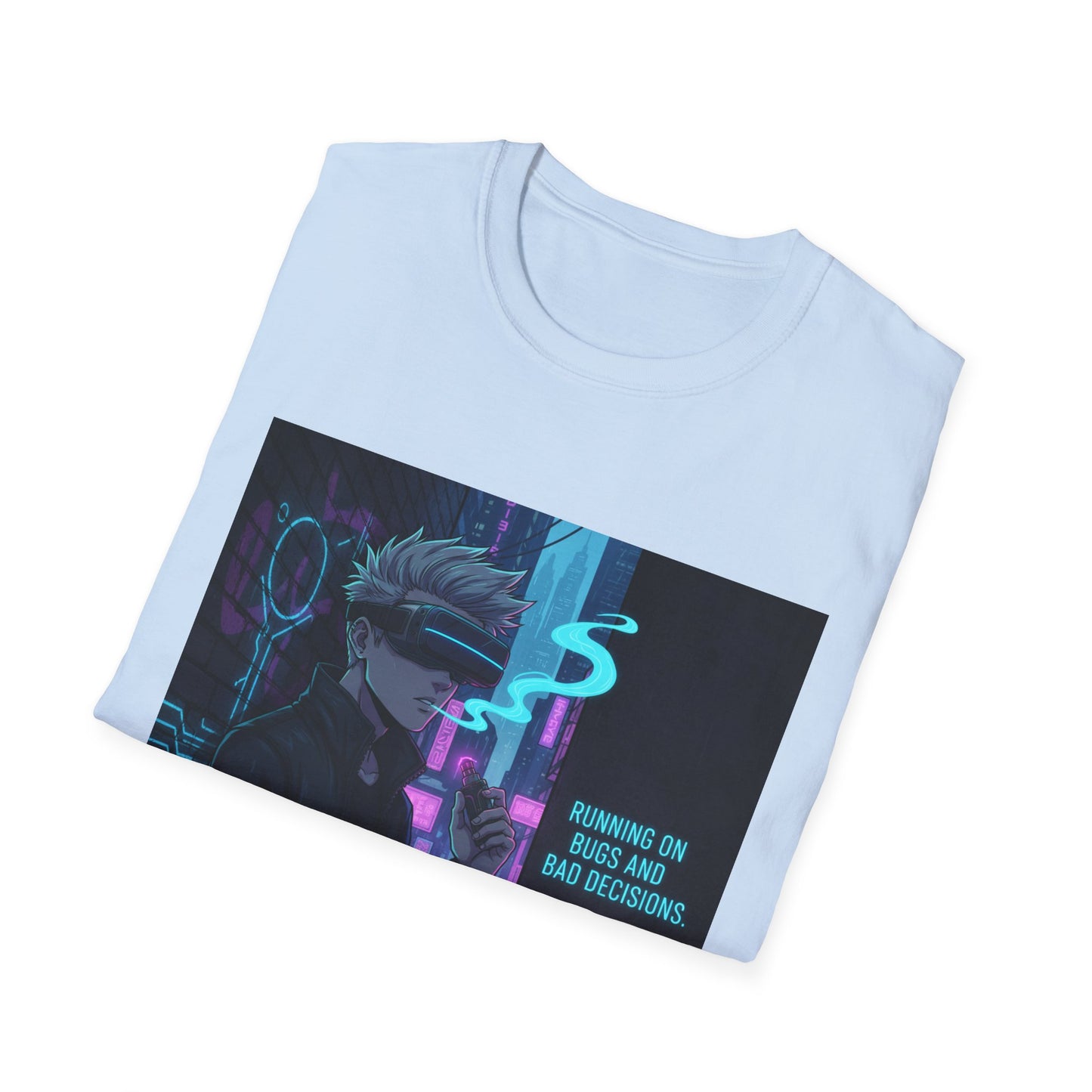 Cyberpunk Vaporwave T-Shirt – “Running on Bugs and Bad Decisions” | Futuristic Hacker Streetwear