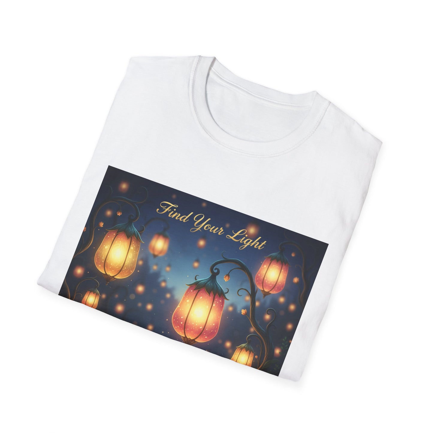Enchanting 'Find Your Light' Unisex Softstyle T-Shirt, Inspirational Tee, Nature Lover Gift, Cozy Casual Wear, Lantern Art Shirt