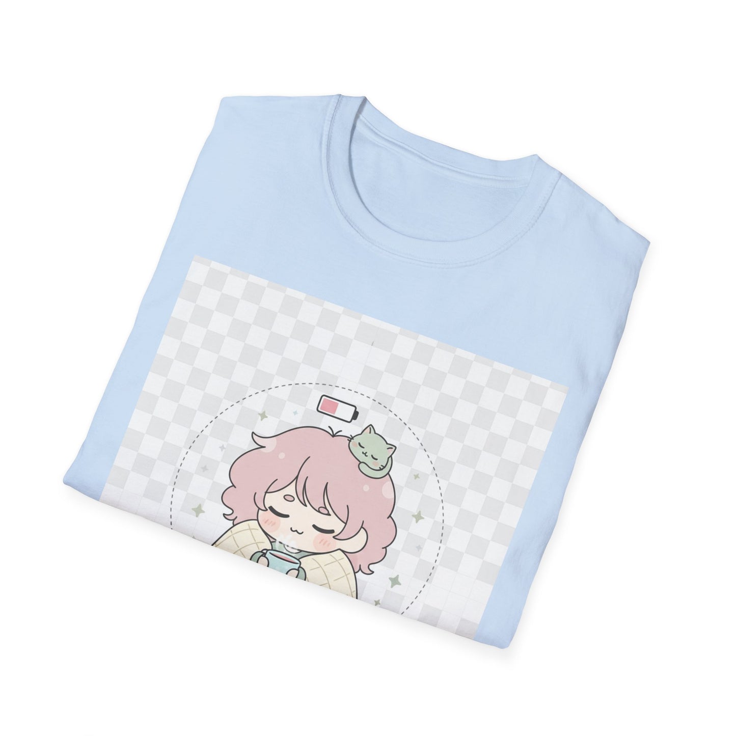 Kawaii Cozy T-Shirt – ‘Battery 10% Soft Mode’ | Neurospicy Self-Care Tee, Low Energy Day Anime Shirt
