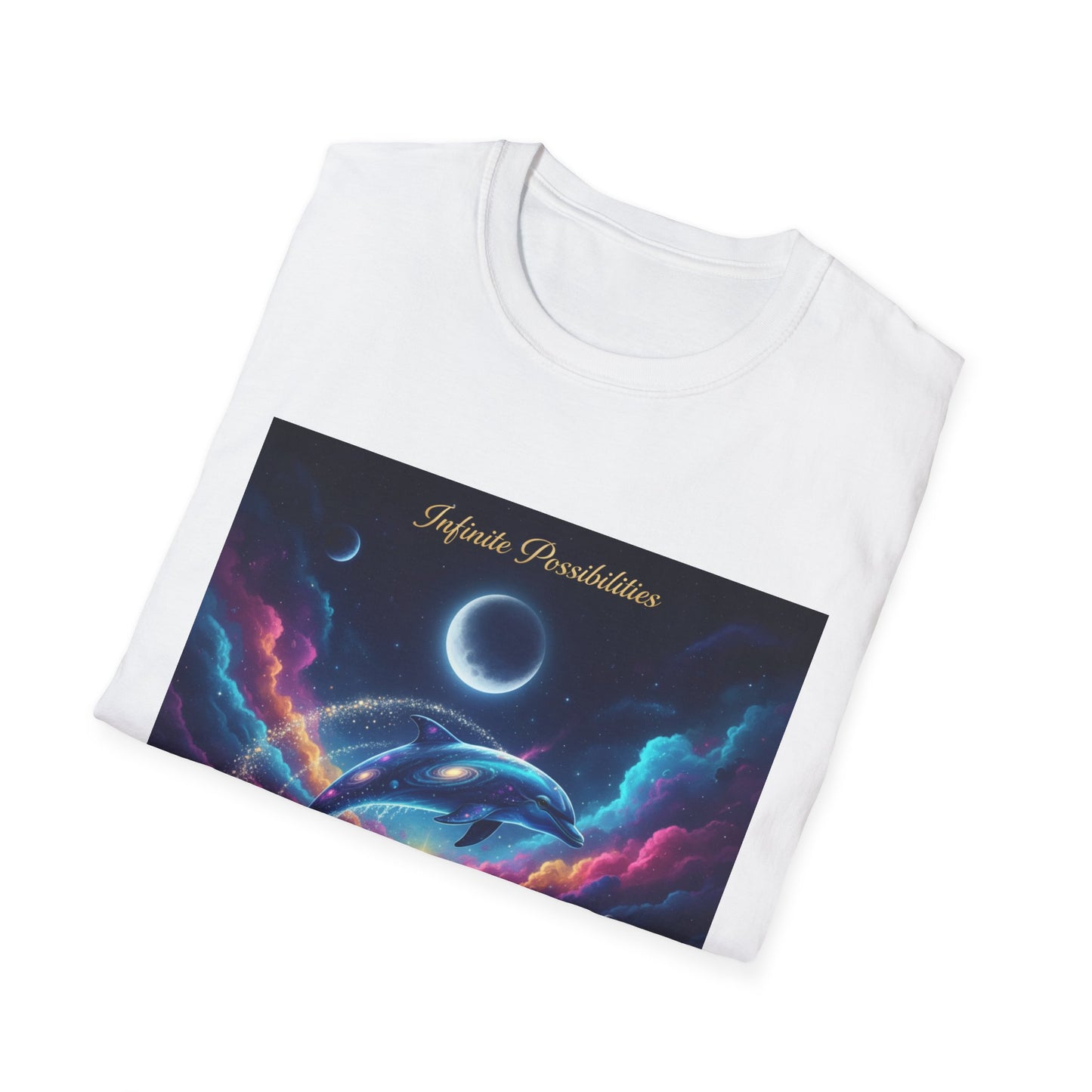 Cosmic Dolphin Art T-Shirt - Unisex Softstyle Tee for Dreamers, Gift for Ocean Lovers, Summer Vibes, Unique Artwork Clothing