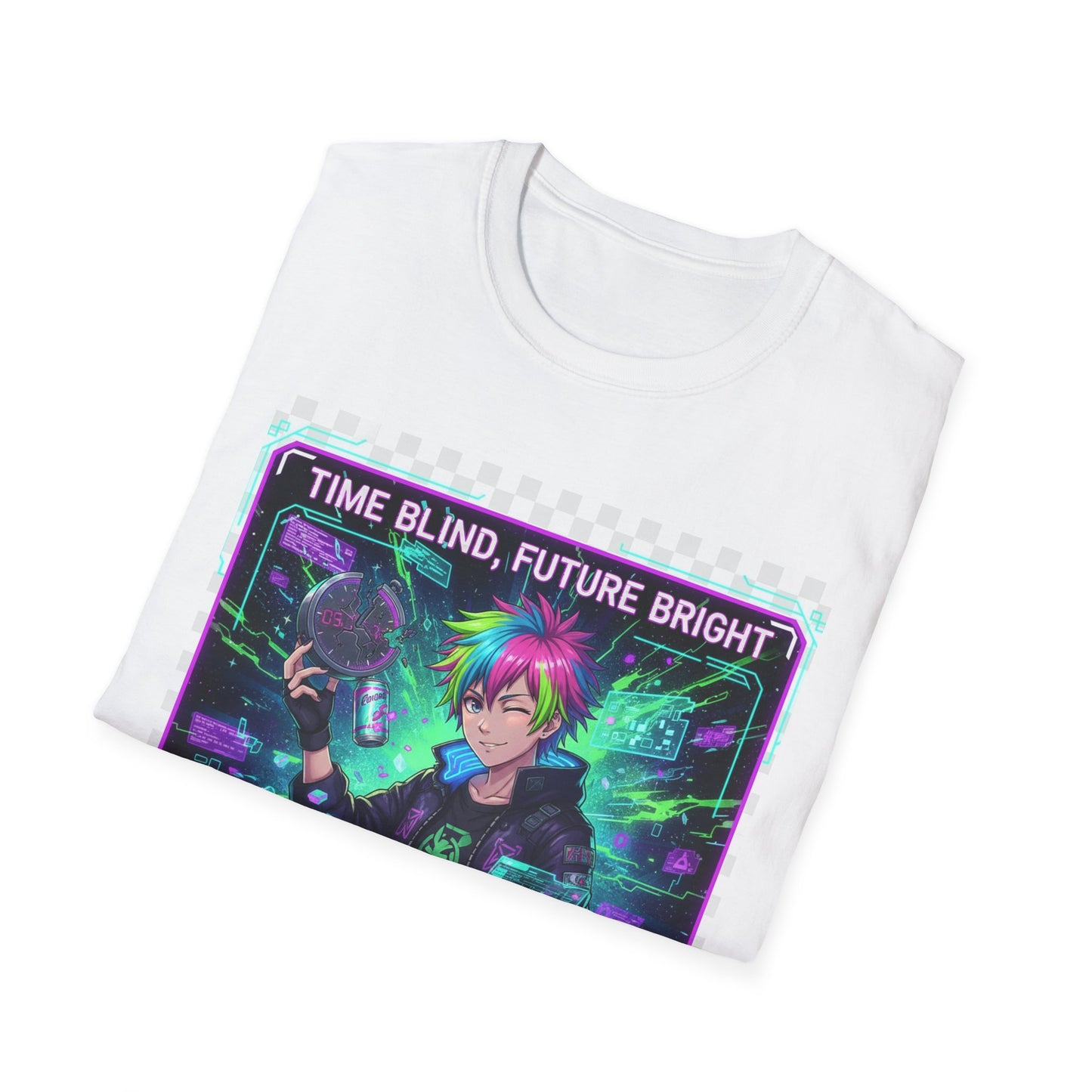 Cyberpunk Anime T-Shirt – ‘Time Blind Future Bright’ | Neurospicy Gamer Humor Tee, ADHD Pride Otaku Streetwear