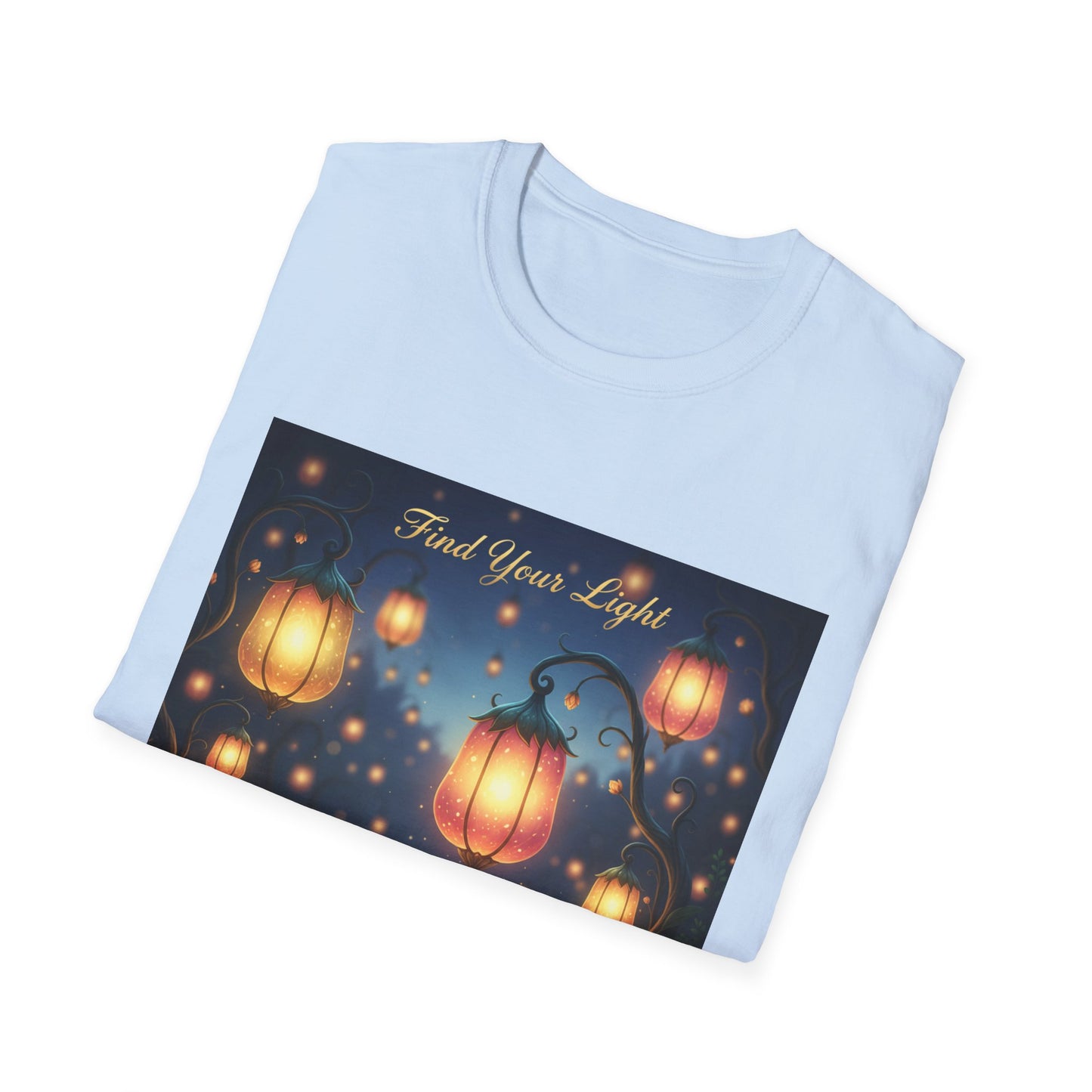 Enchanting 'Find Your Light' Unisex Softstyle T-Shirt, Inspirational Tee, Nature Lover Gift, Cozy Casual Wear, Lantern Art Shirt