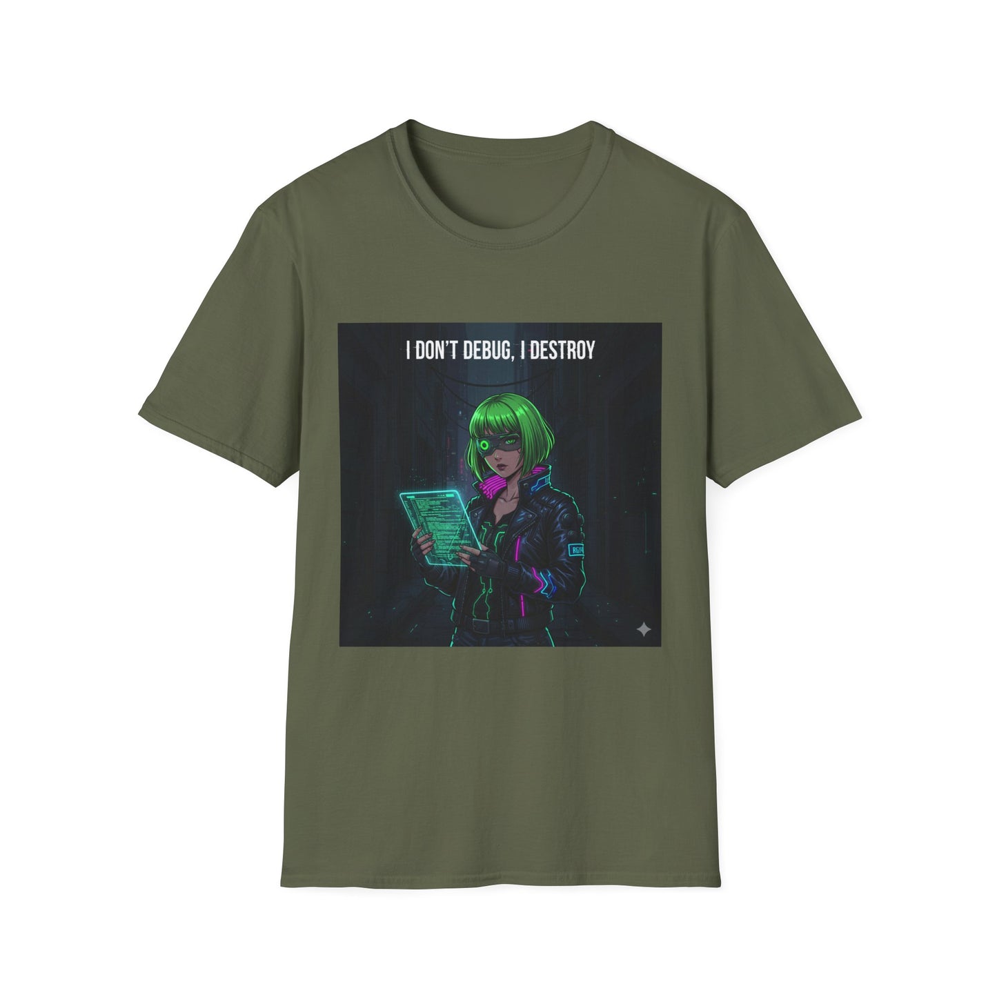 Cyberpunk Hacker T-Shirt – “I Don’t Debug, I Destroy” | Futuristic Coding Streetwear