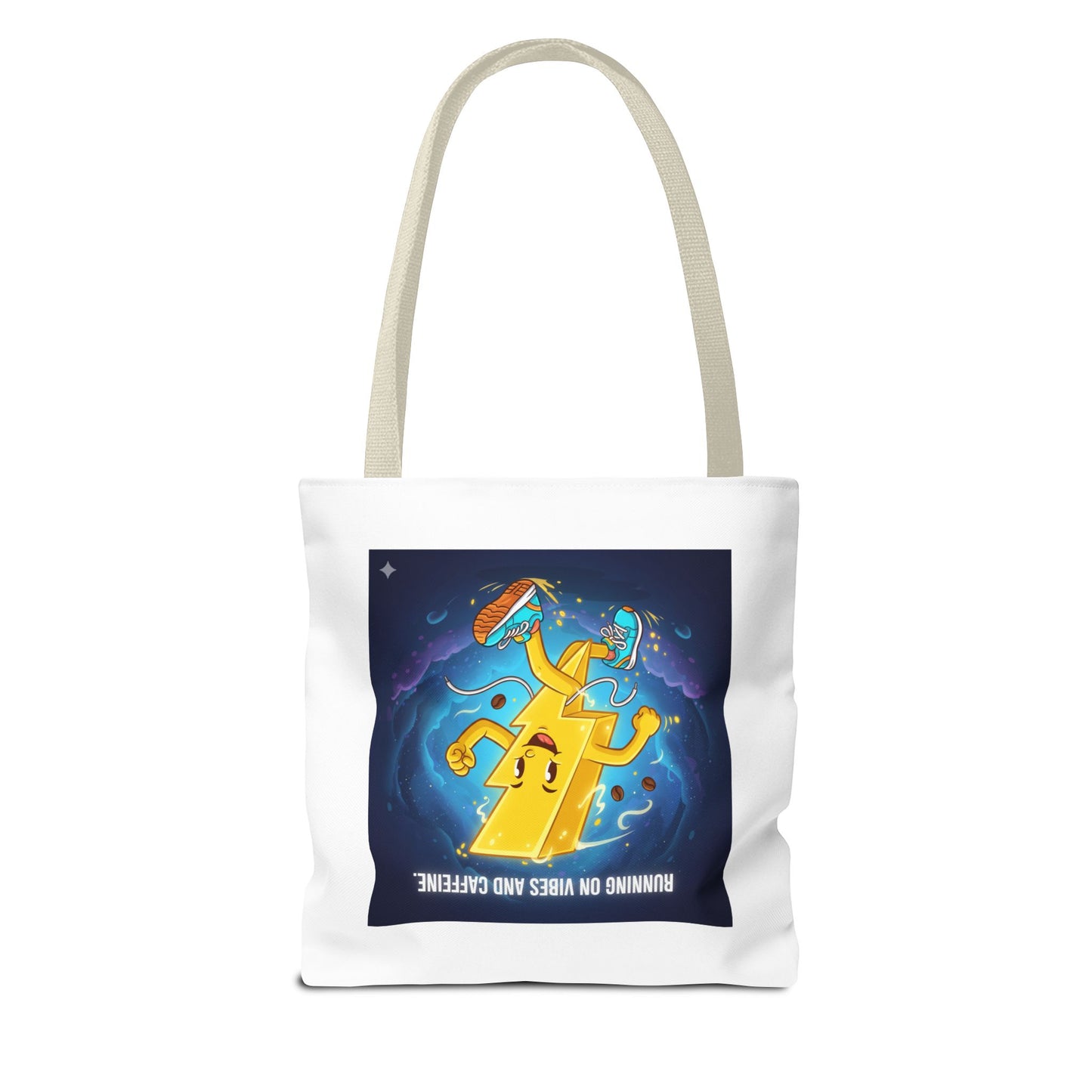 Running on Vibes Tote Bag | Colorful Fun Bag, Eco-Friendly Shopper, Gift for Coffee Lovers, Reusable Daily Tote, Vibrant Cartoon Design