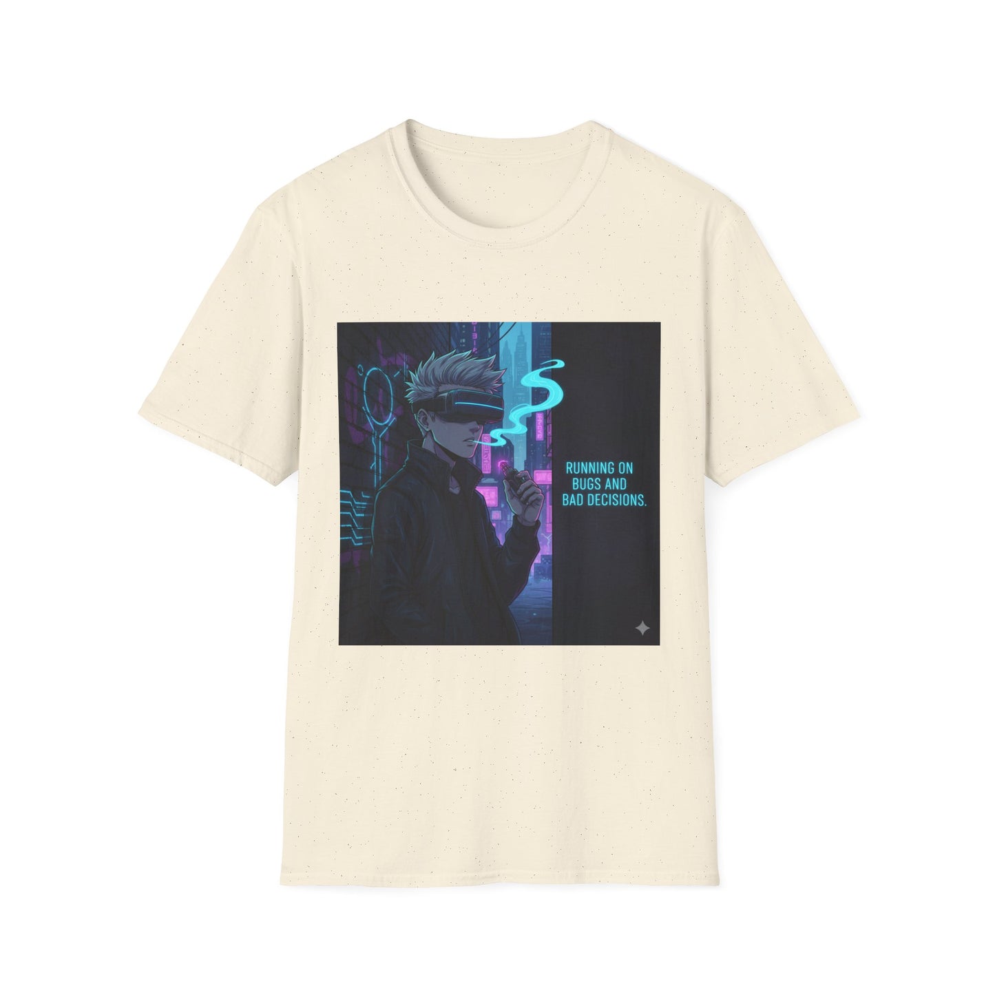 Cyberpunk Vaporwave T-Shirt – “Running on Bugs and Bad Decisions” | Futuristic Hacker Streetwear