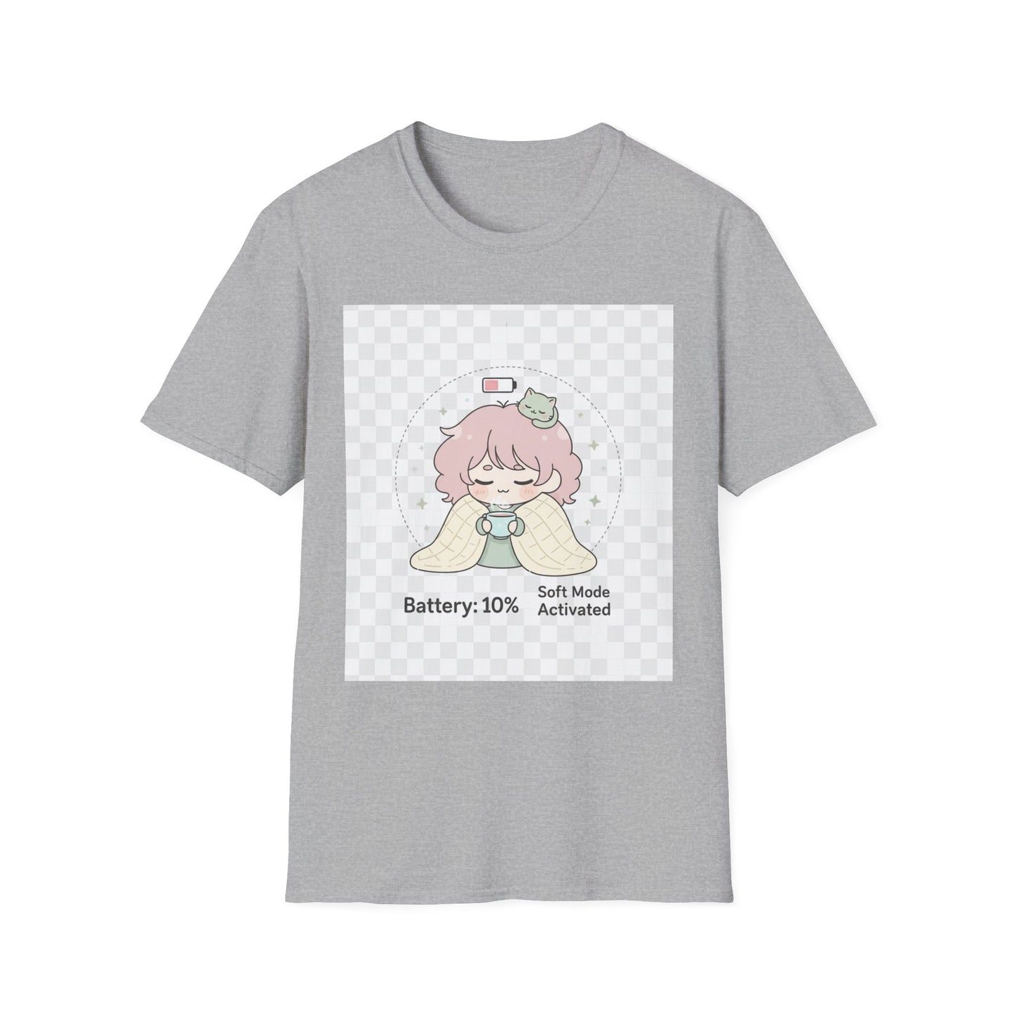 Kawaii Cozy T-Shirt – ‘Battery 10% Soft Mode’ | Neurospicy Self-Care Tee, Low Energy Day Anime Shirt