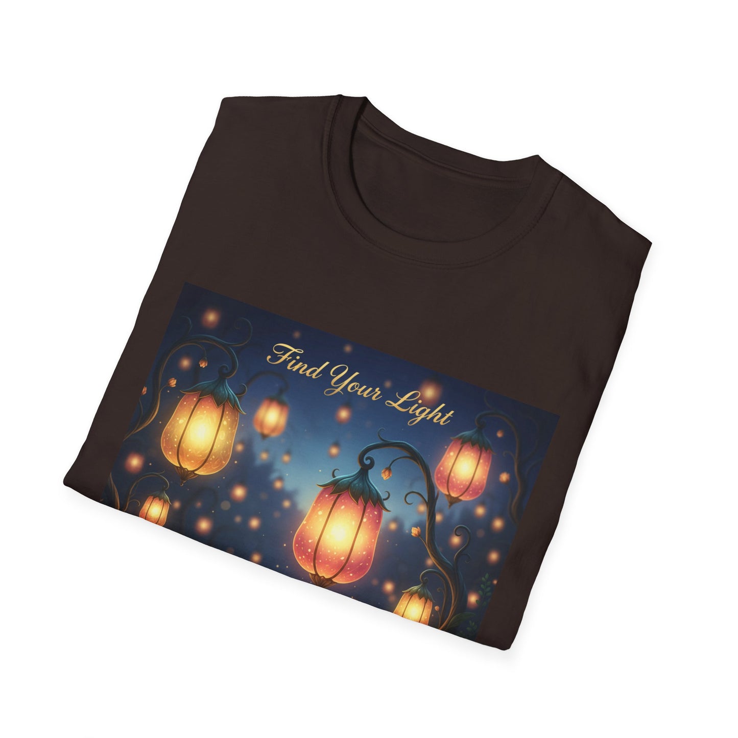 Enchanting 'Find Your Light' Unisex Softstyle T-Shirt, Inspirational Tee, Nature Lover Gift, Cozy Casual Wear, Lantern Art Shirt